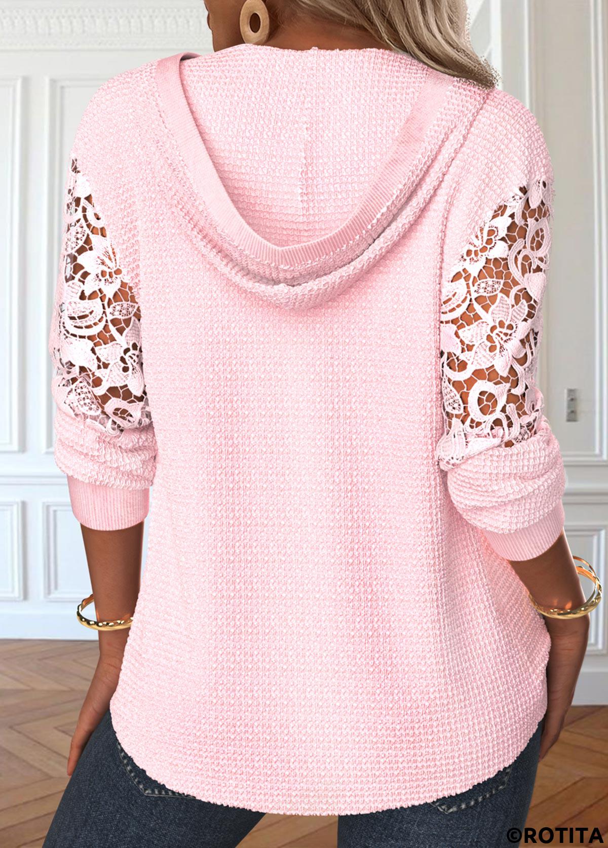 Light Pink tops,Plain Color tops,ROTITA Lace Light Pink Long Sleeve Hoodie