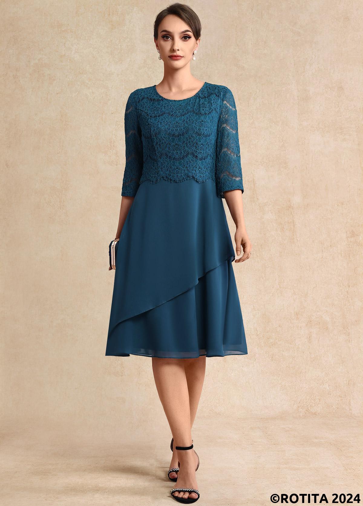 Peacock Blue dresses,Plain Color dresses,Party dresses,Elegant dresses,ROTITA Lace Peacock Blue Round Neck 3/4 Sleeve Dress