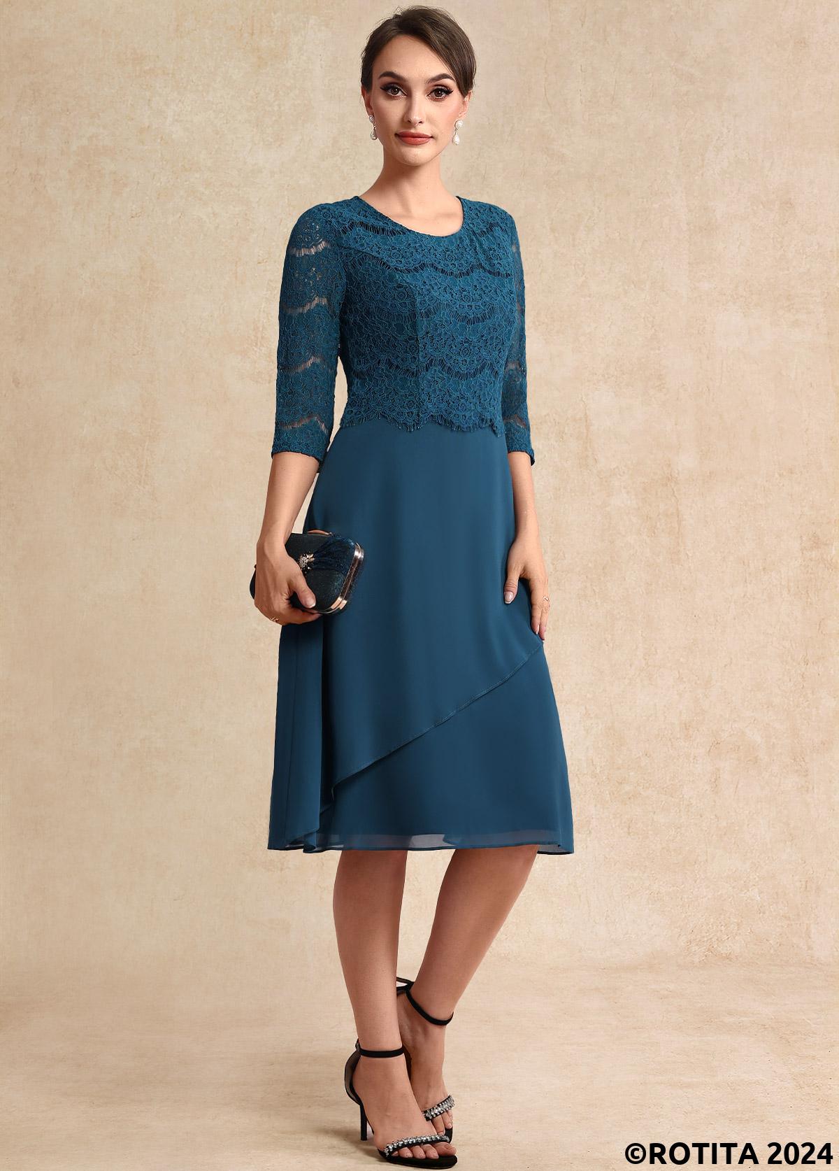 Peacock Blue dresses,Plain Color dresses,Party dresses,Elegant dresses,ROTITA Lace Peacock Blue Round Neck 3/4 Sleeve Dress