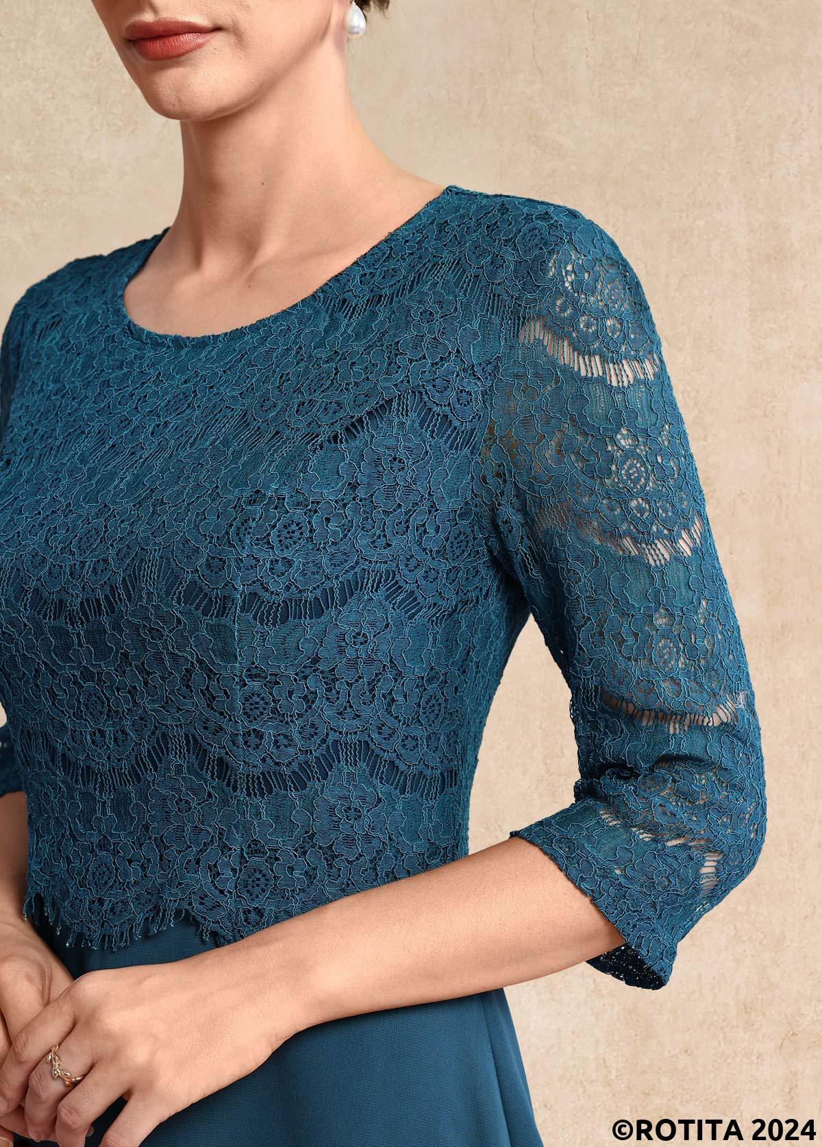 Peacock Blue dresses,Plain Color dresses,Party dresses,Elegant dresses,ROTITA Lace Peacock Blue Round Neck 3/4 Sleeve Dress