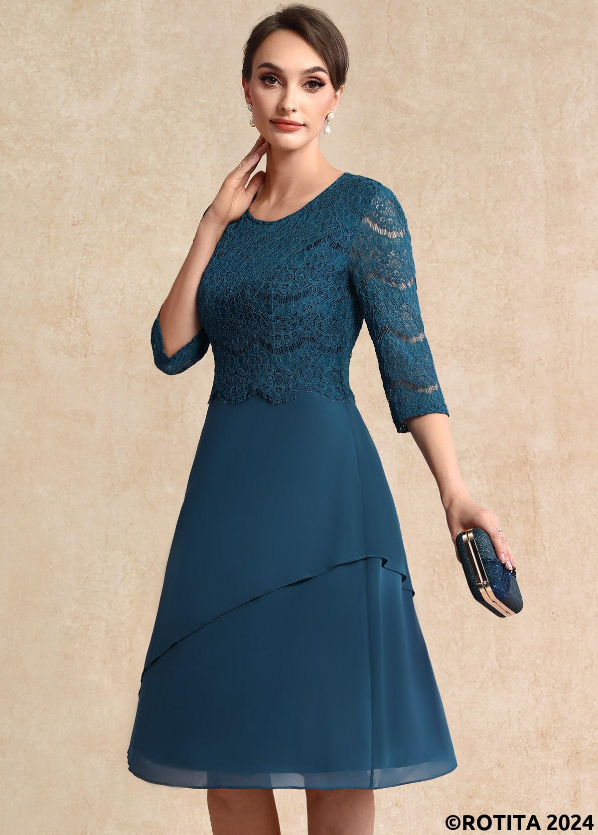 Peacock Blue dresses,Plain Color dresses,Party dresses,Elegant dresses,ROTITA Lace Peacock Blue Round Neck 3/4 Sleeve Dress
