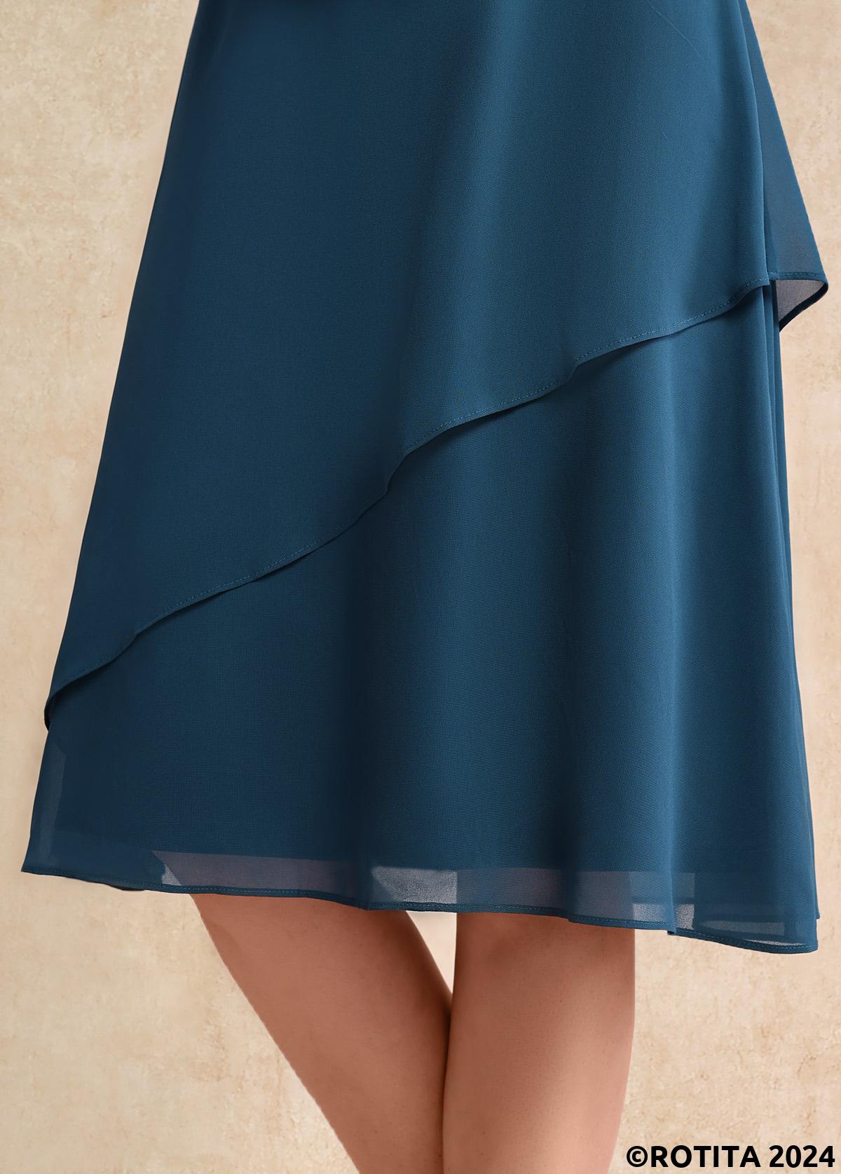 Peacock Blue dresses,Plain Color dresses,Party dresses,Elegant dresses,ROTITA Lace Peacock Blue Round Neck 3/4 Sleeve Dress
