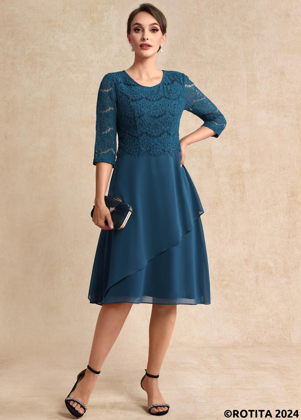 Peacock Blue dresses,Plain Color dresses,Party dresses,Elegant dresses,ROTITA Lace Peacock Blue Round Neck 3/4 Sleeve Dress