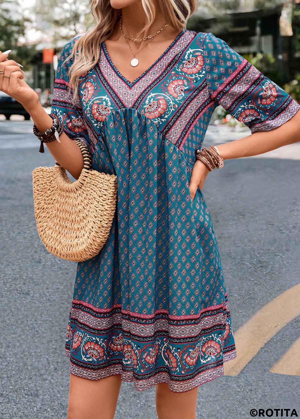 Turquoise dresses,Paisley dresses,Vacation dresses,Vacation dresses,ROTITA Ruched Paisley Print Turquoise A Line Dress