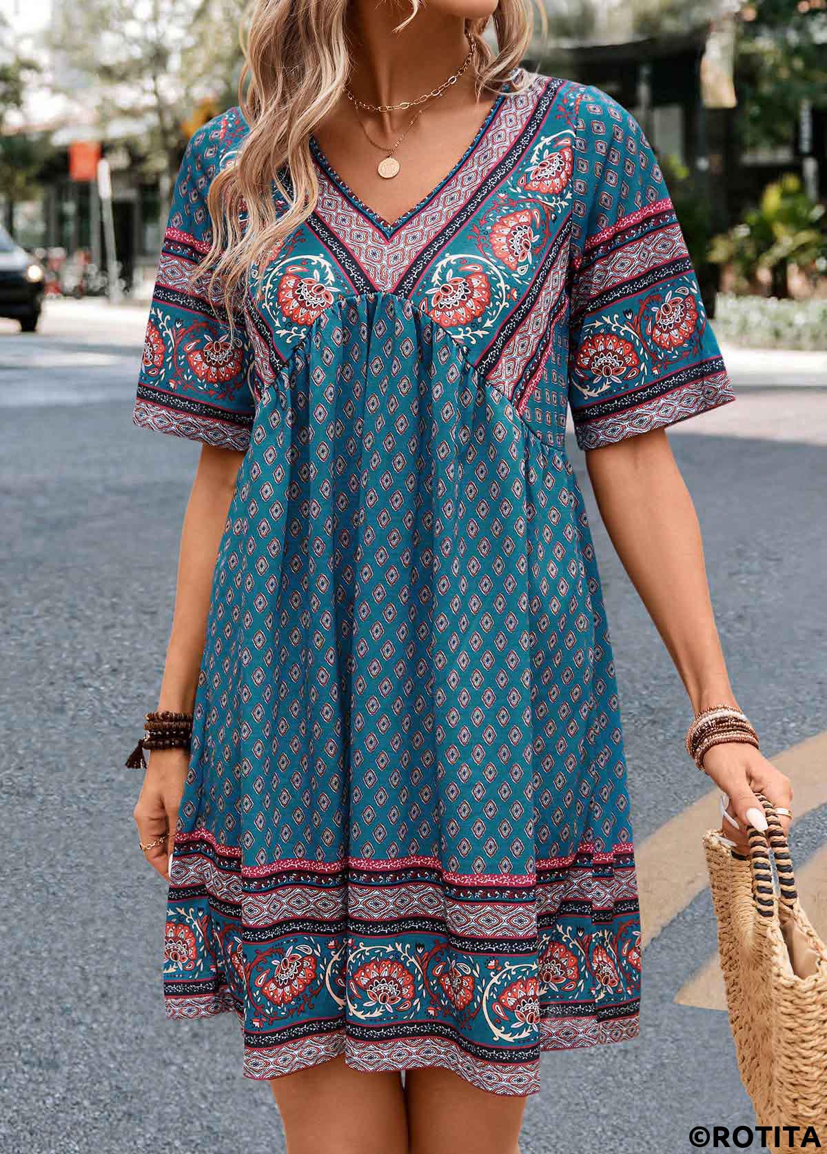 Turquoise dresses,Paisley dresses,Vacation dresses,Vacation dresses,ROTITA Ruched Paisley Print Turquoise A Line Dress