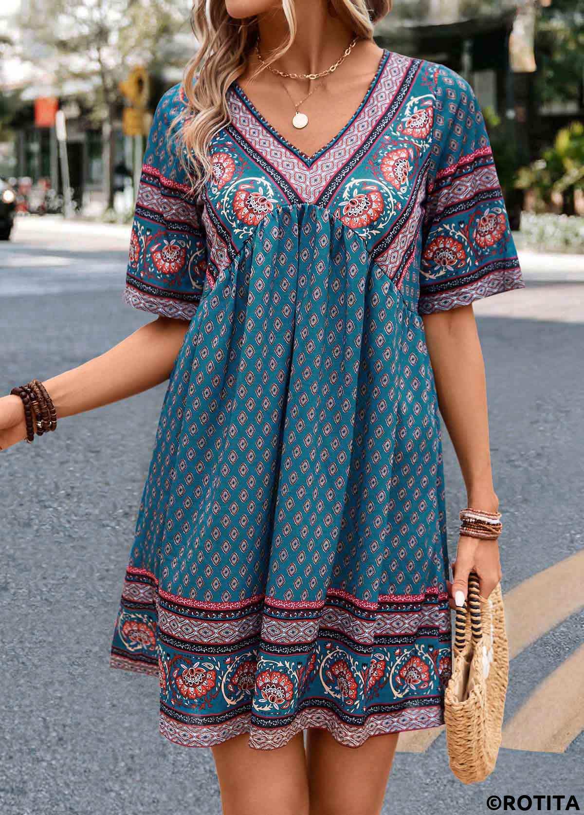 Turquoise dresses,Paisley dresses,Vacation dresses,Vacation dresses,ROTITA Ruched Paisley Print Turquoise A Line Dress