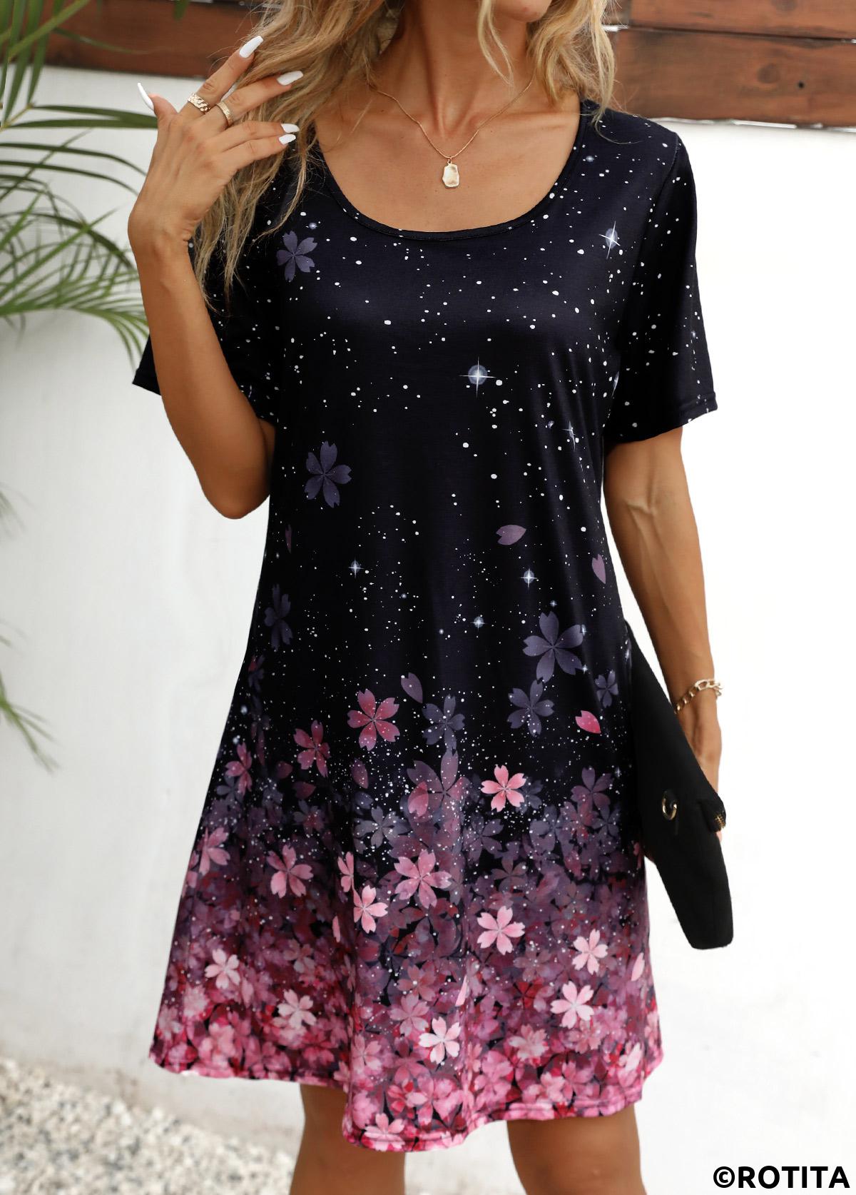 Black dresses,Pink dresses,Ombre dresses,Floral dresses,Dot dresses,Galaxy dresses,Everyday dresses,Casual dresses,ROTITA Floral Print Black Scoop Neck Short Sleeve Dress