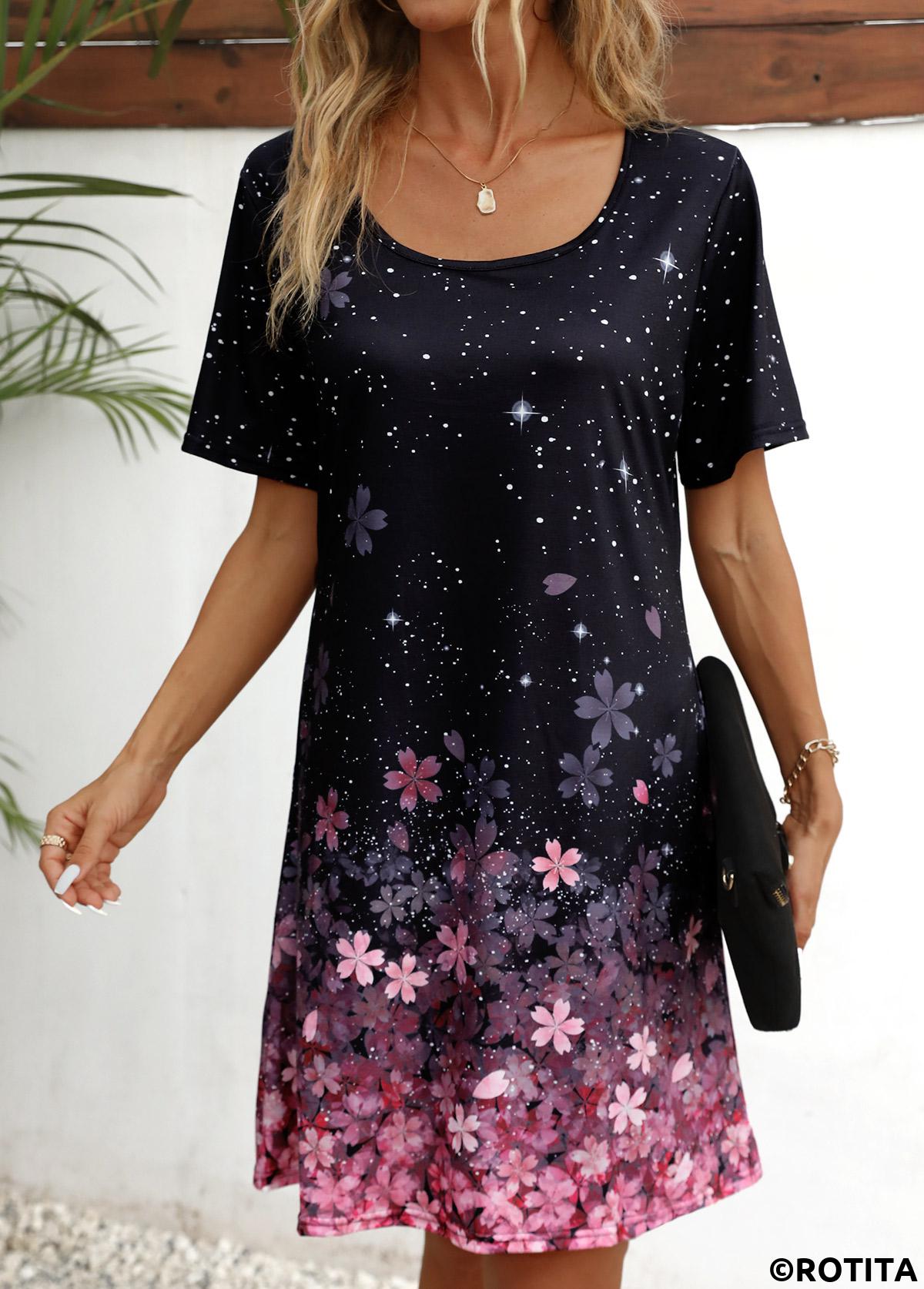 Black dresses,Pink dresses,Ombre dresses,Floral dresses,Dot dresses,Galaxy dresses,Everyday dresses,Casual dresses,ROTITA Floral Print Black Scoop Neck Short Sleeve Dress