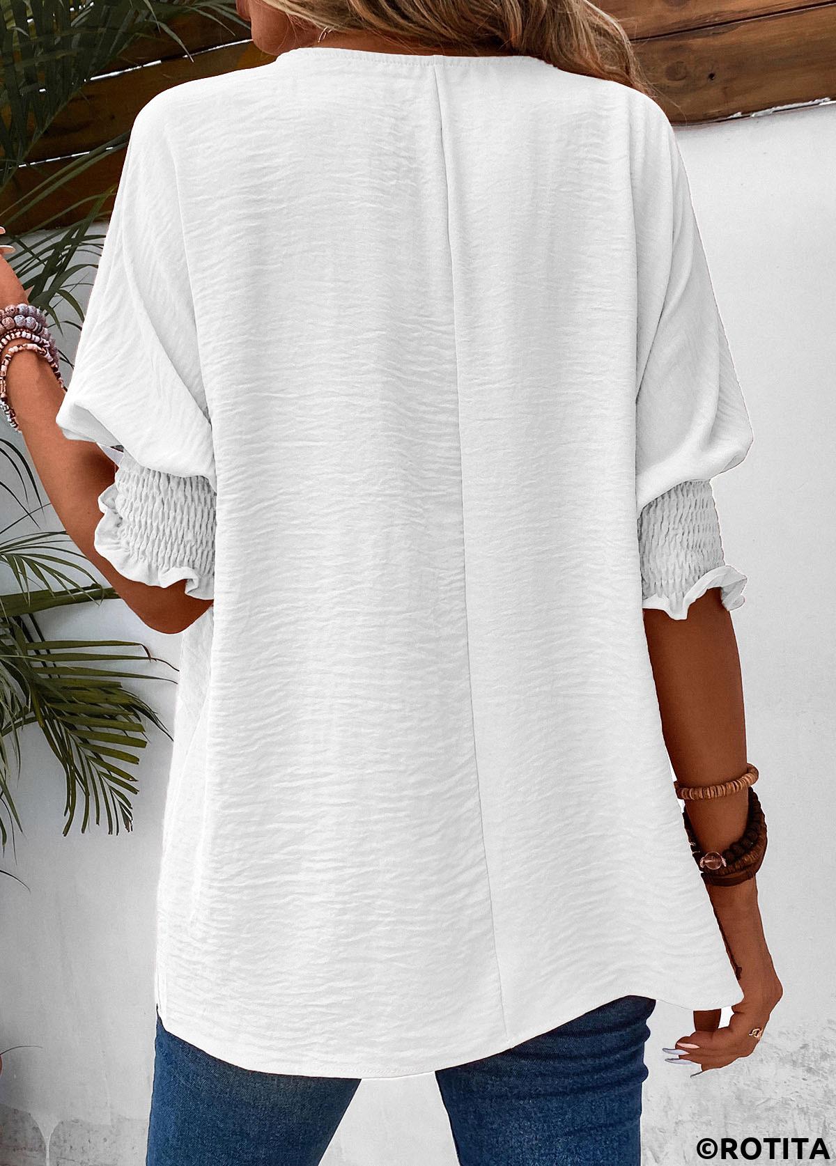 White tops,Plain Color tops,ROTITA Smocked White Round Neck Half Sleeve T Shirt