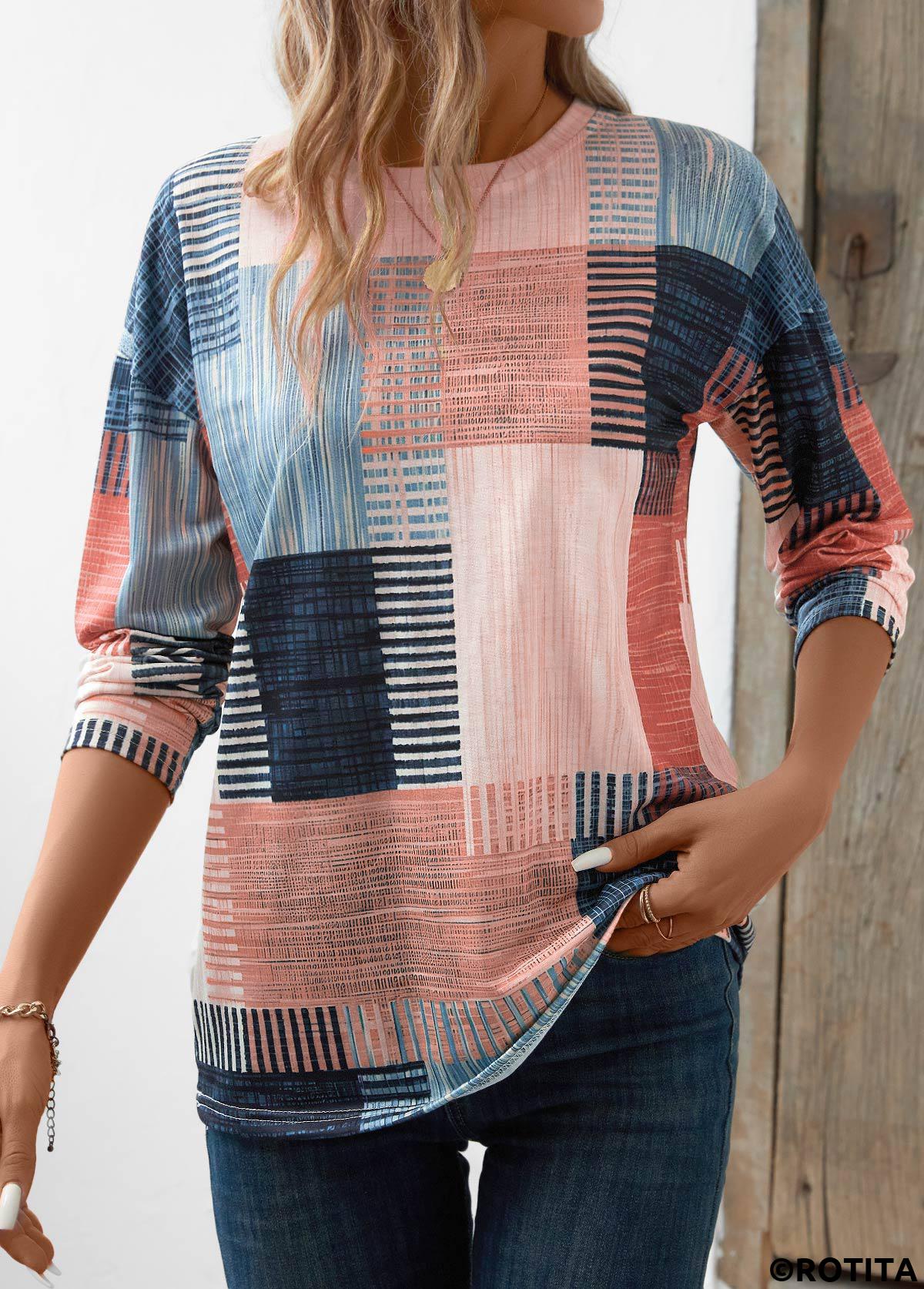 Pink tops,Blue tops,Geometric tops,Striped tops,ROTITA Patchwork Geometric Print Pink Round Neck T Shirt