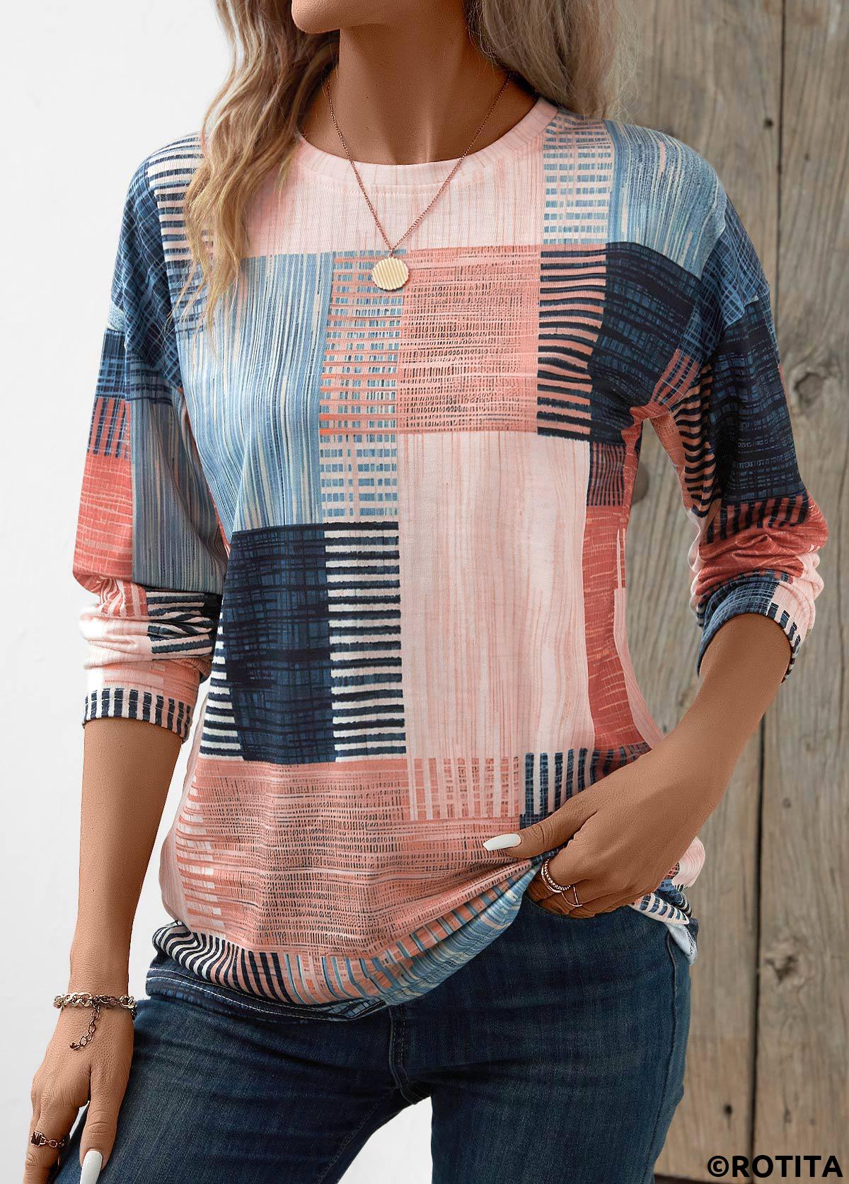 Pink tops,Blue tops,Geometric tops,Striped tops,ROTITA Patchwork Geometric Print Pink Round Neck T Shirt