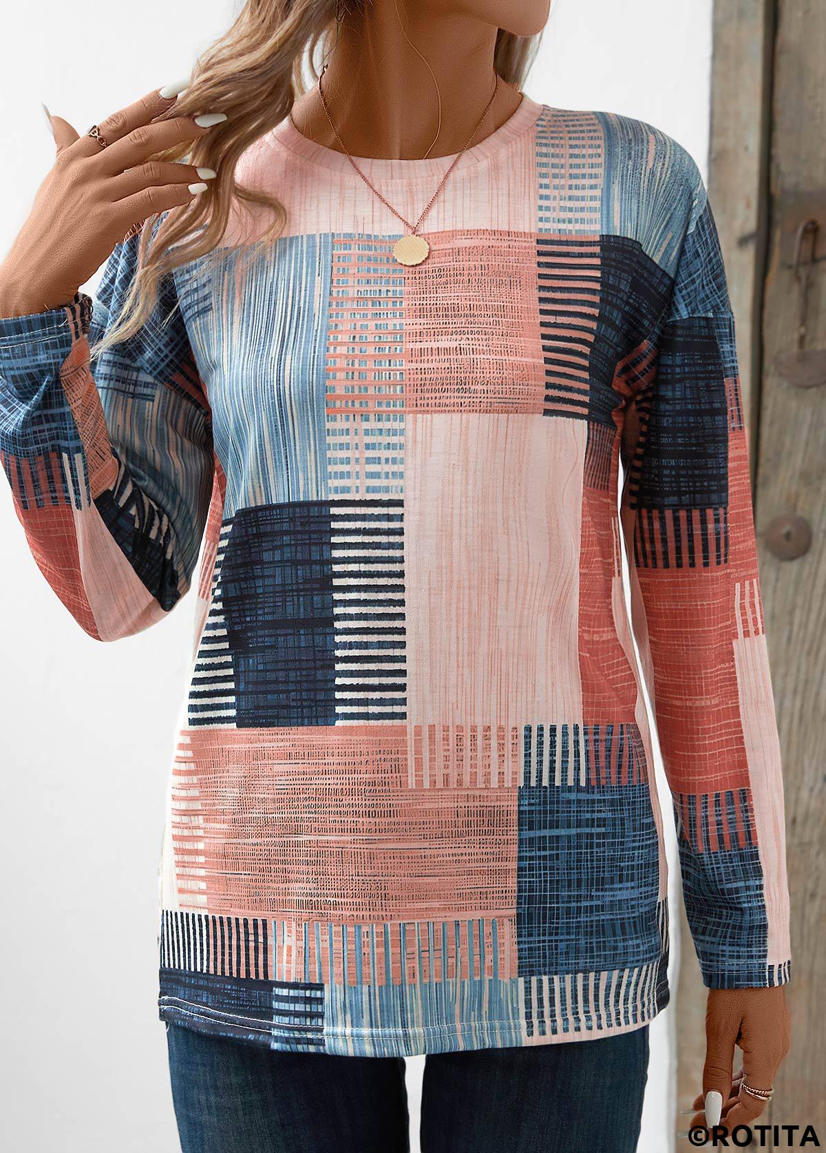 Pink tops,Blue tops,Geometric tops,Striped tops,ROTITA Patchwork Geometric Print Pink Round Neck T Shirt