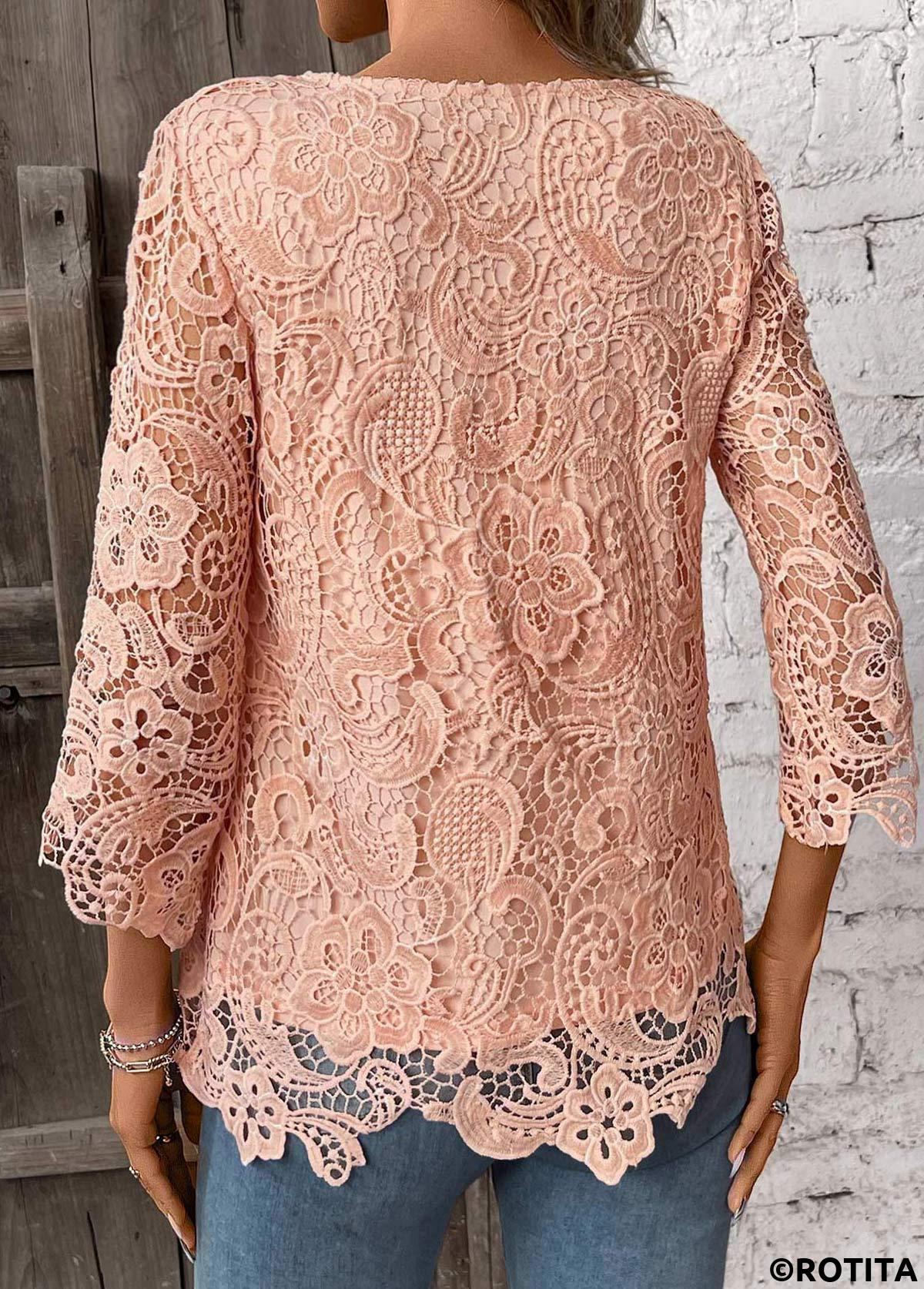 Light Pink tops,Plain Color tops,ROTITA Lace Light Pink Round Neck 3/4 Sleeve T Shirt