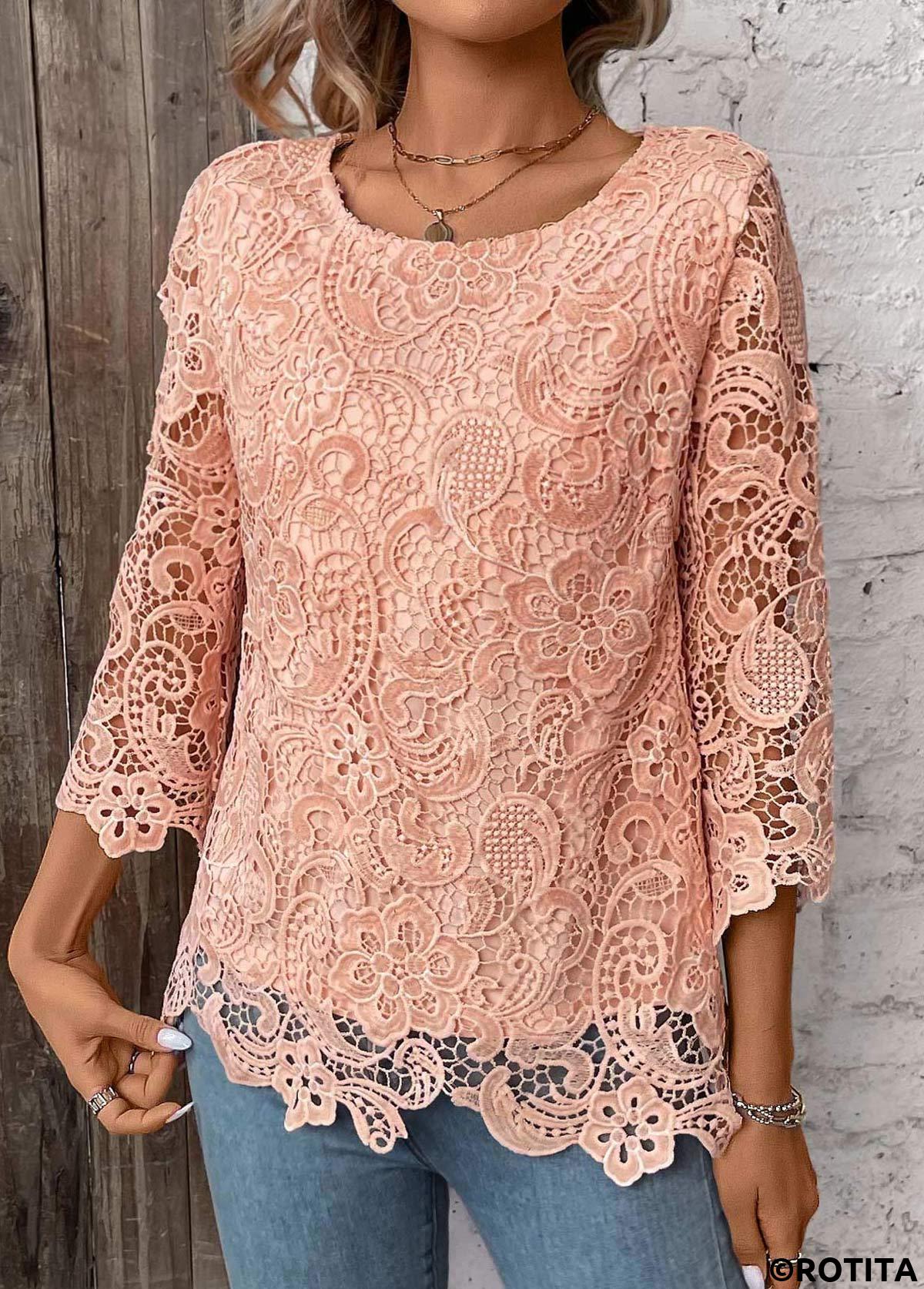 Light Pink tops,Plain Color tops,ROTITA Lace Light Pink Round Neck 3/4 Sleeve T Shirt