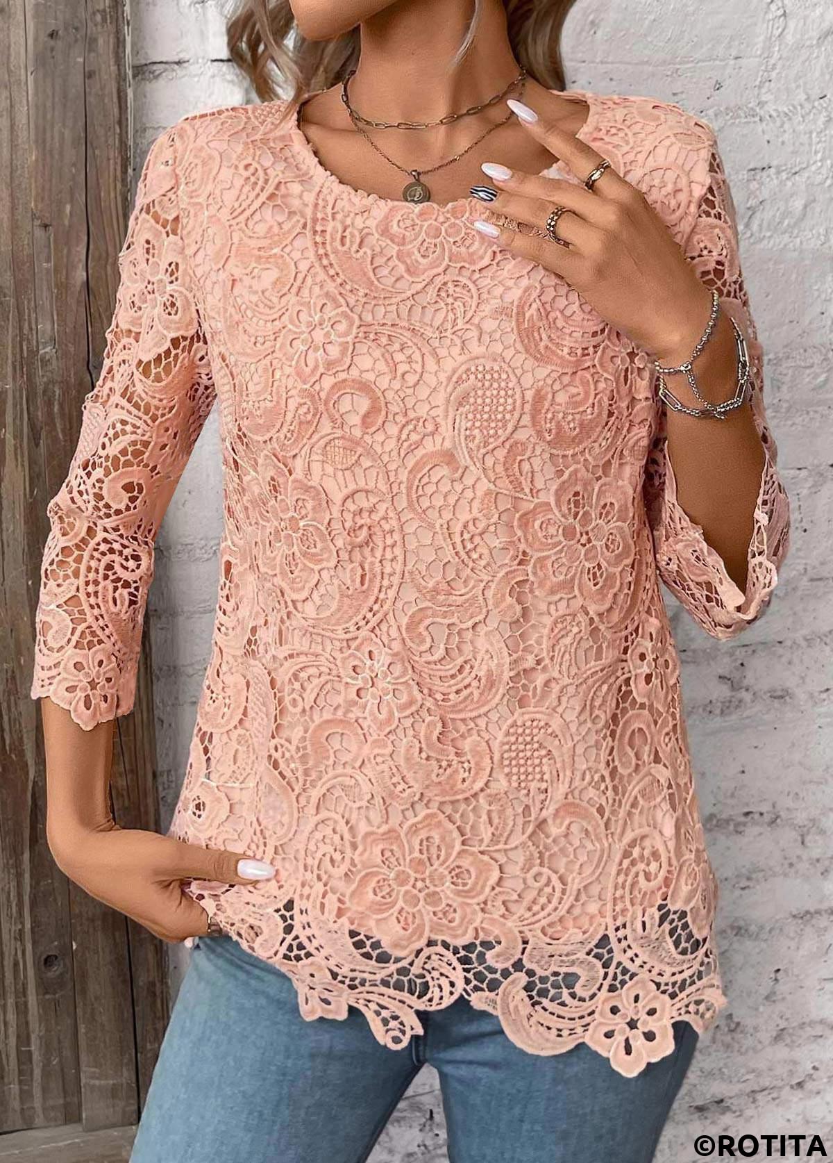 Light Pink tops,Plain Color tops,ROTITA Lace Light Pink Round Neck 3/4 Sleeve T Shirt