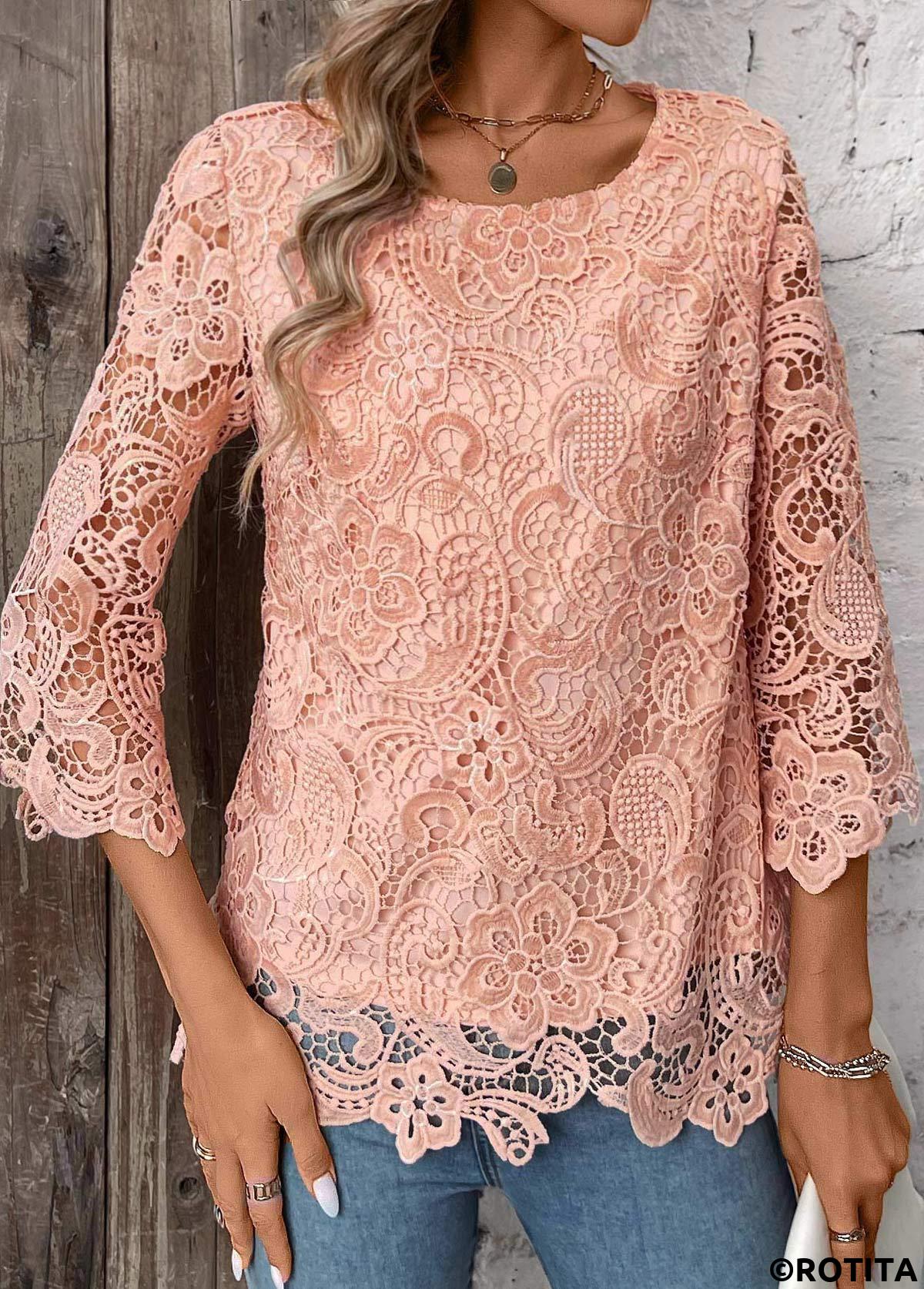 Light Pink tops,Plain Color tops,ROTITA Lace Light Pink Round Neck 3/4 Sleeve T Shirt