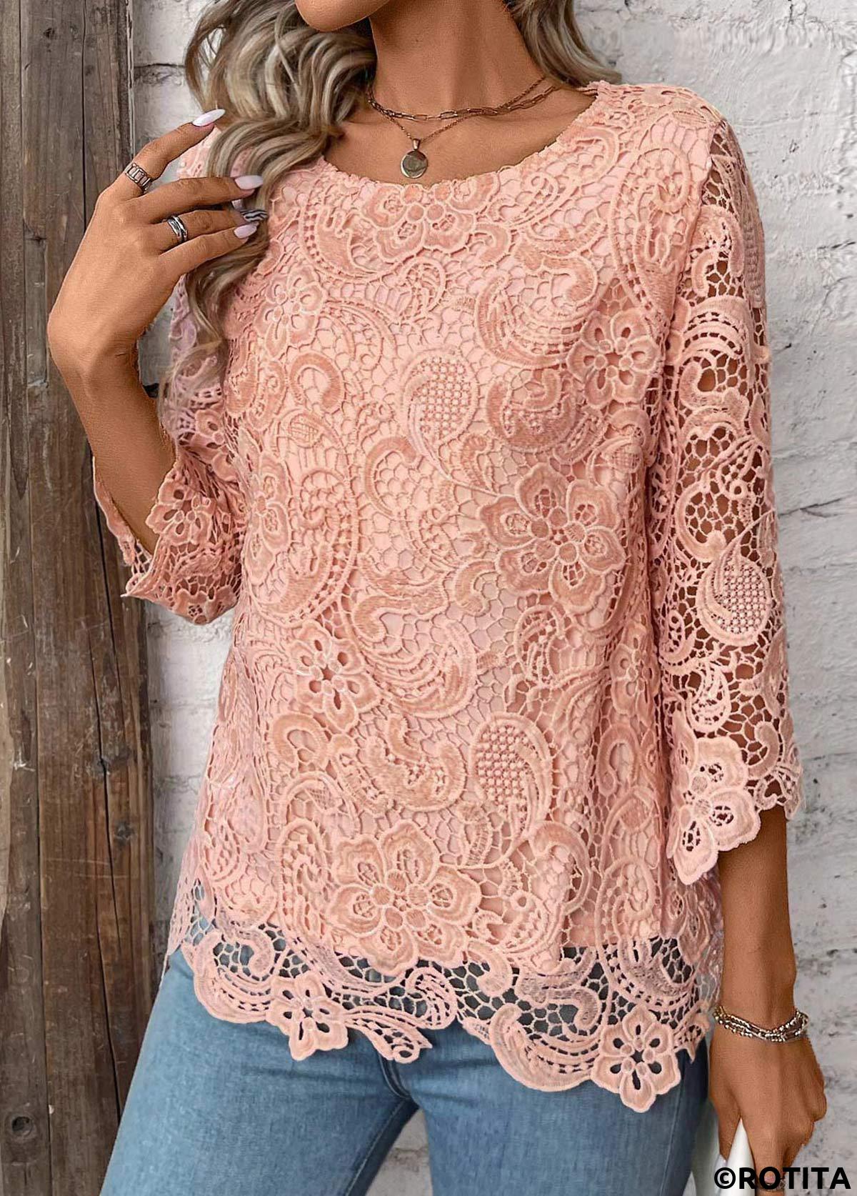 Light Pink tops,Plain Color tops,ROTITA Lace Light Pink Round Neck 3/4 Sleeve T Shirt