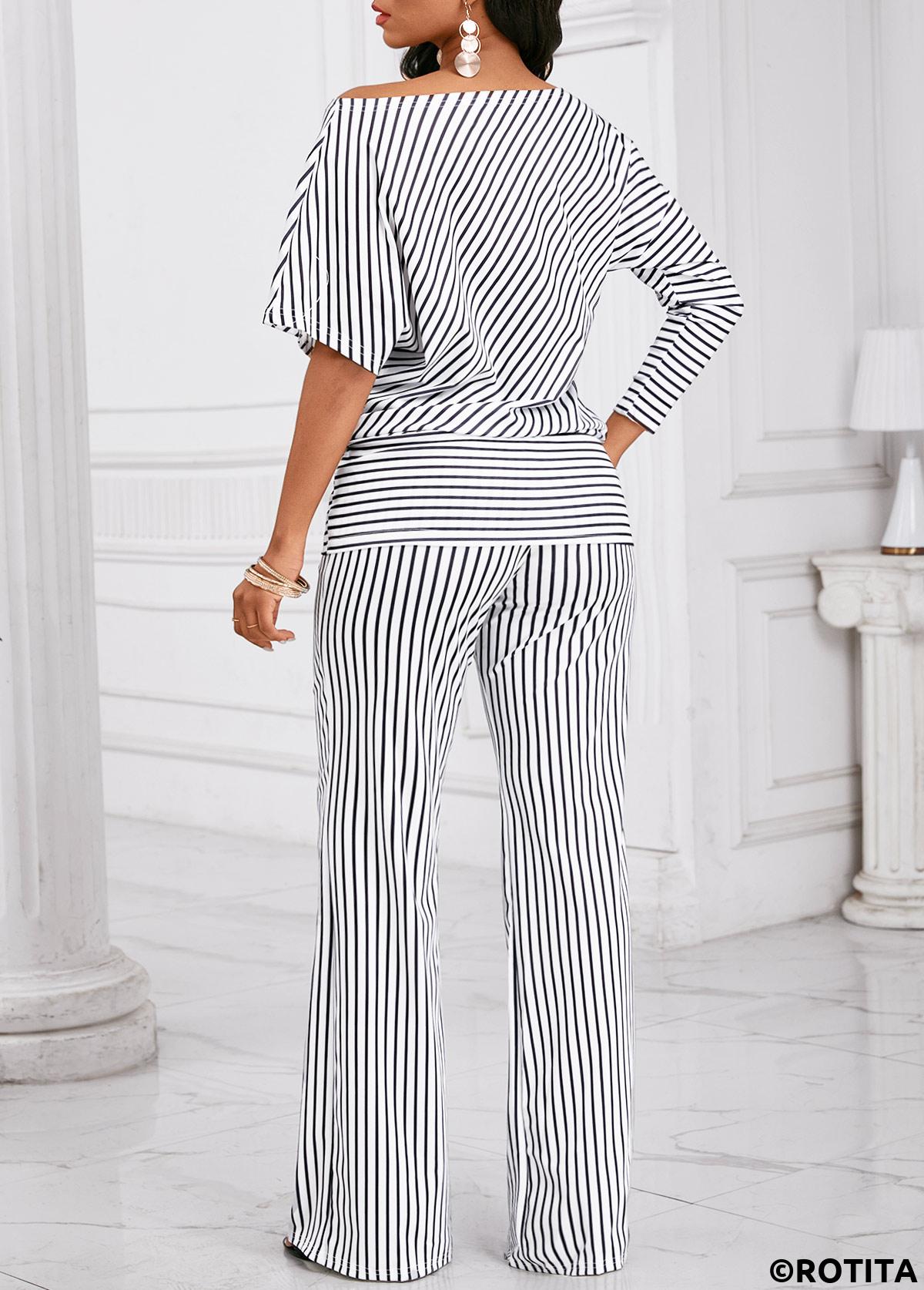 Black jumpsuits&rompers,White jumpsuits&rompers,Striped jumpsuits&rompers,Geometric jumpsuits&rompers,Asymmetry Striped Black Long Wide Leg Top  and Pants