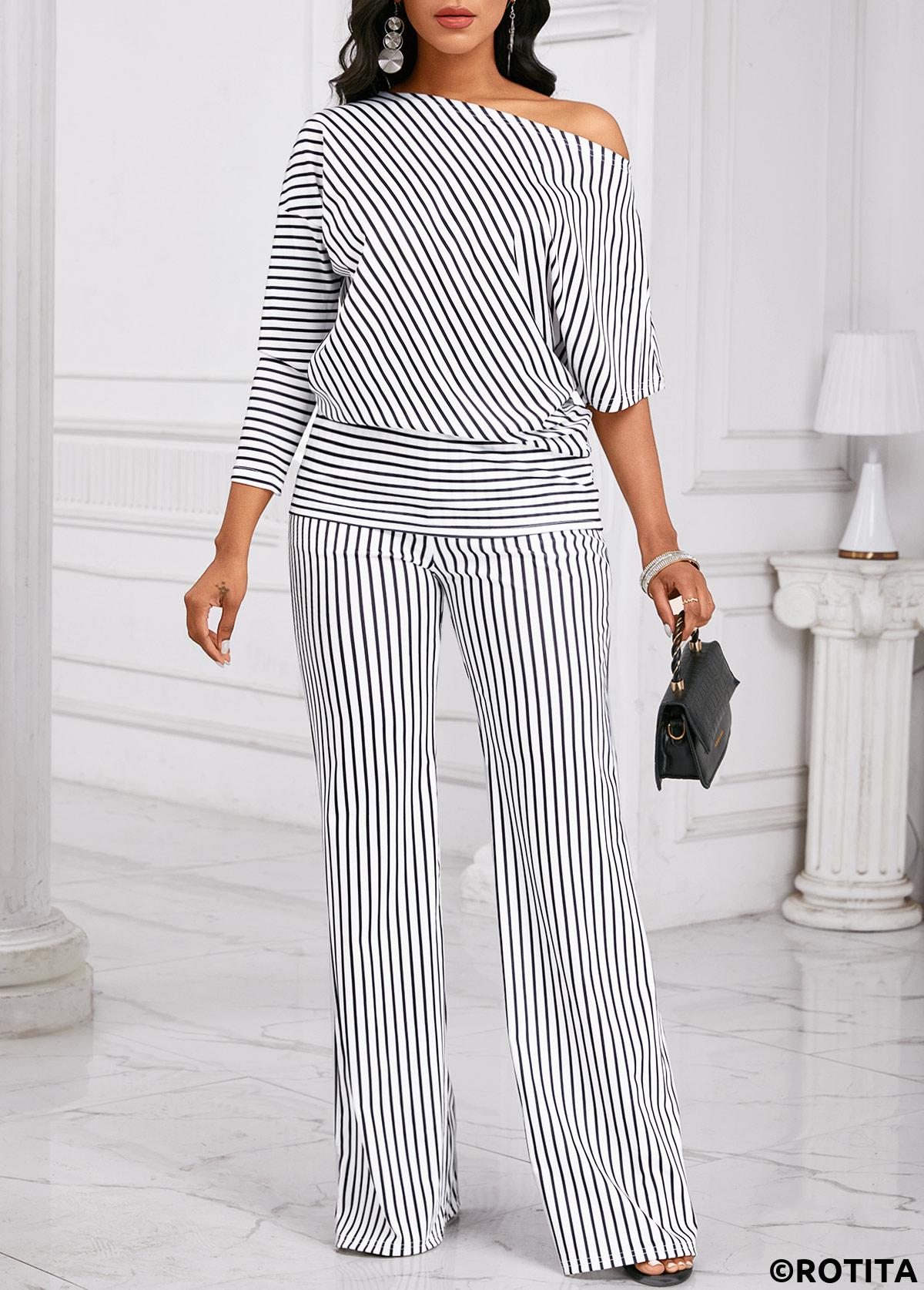 Black jumpsuits&rompers,White jumpsuits&rompers,Striped jumpsuits&rompers,Geometric jumpsuits&rompers,Asymmetry Striped Black Long Wide Leg Top  and Pants
