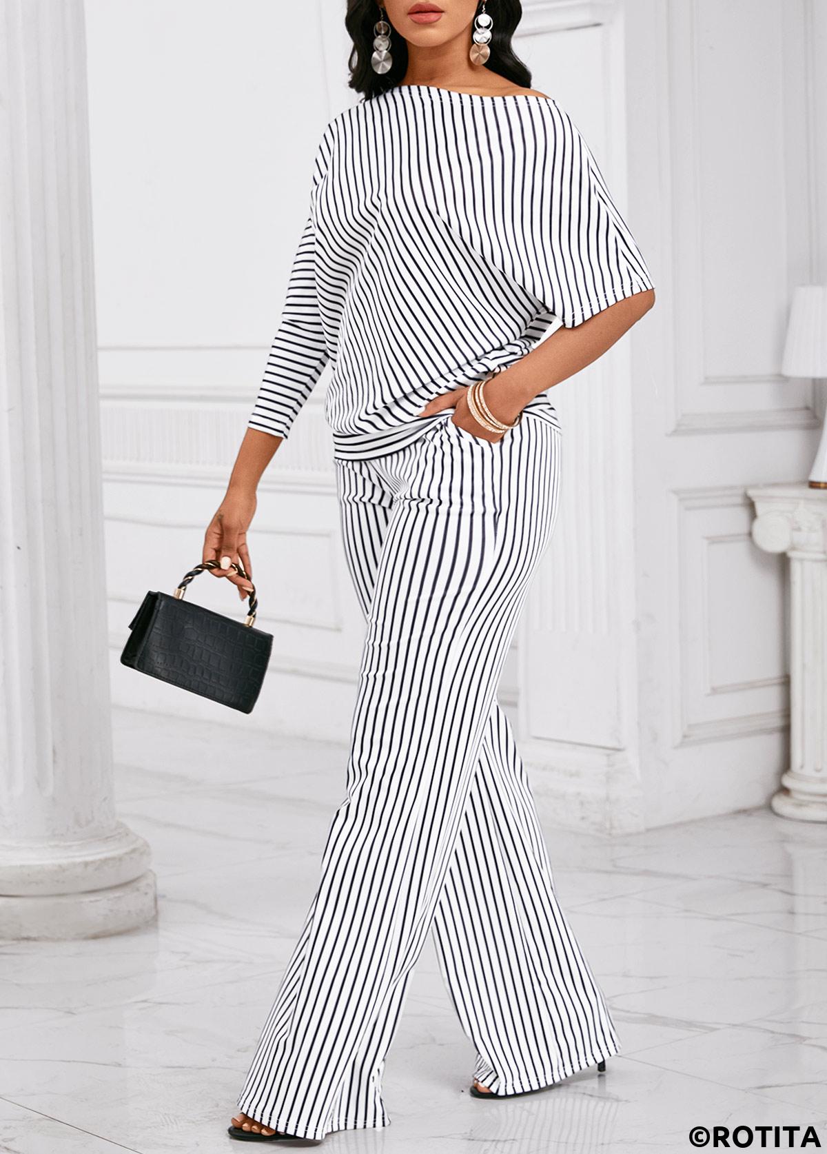 Black jumpsuits&rompers,White jumpsuits&rompers,Striped jumpsuits&rompers,Geometric jumpsuits&rompers,Asymmetry Striped Black Long Wide Leg Top  and Pants
