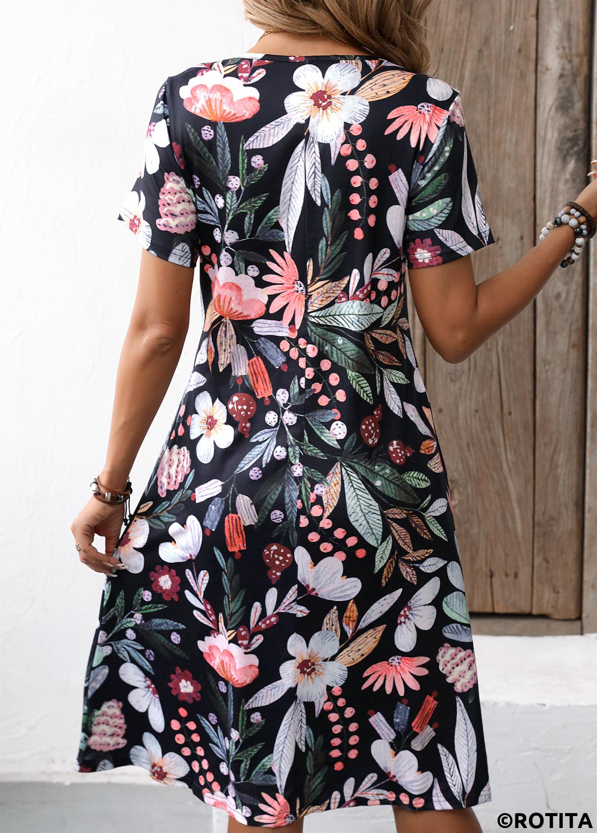 ROTITA Pocket Floral Print Black Round Neck Short Sleeve Dress