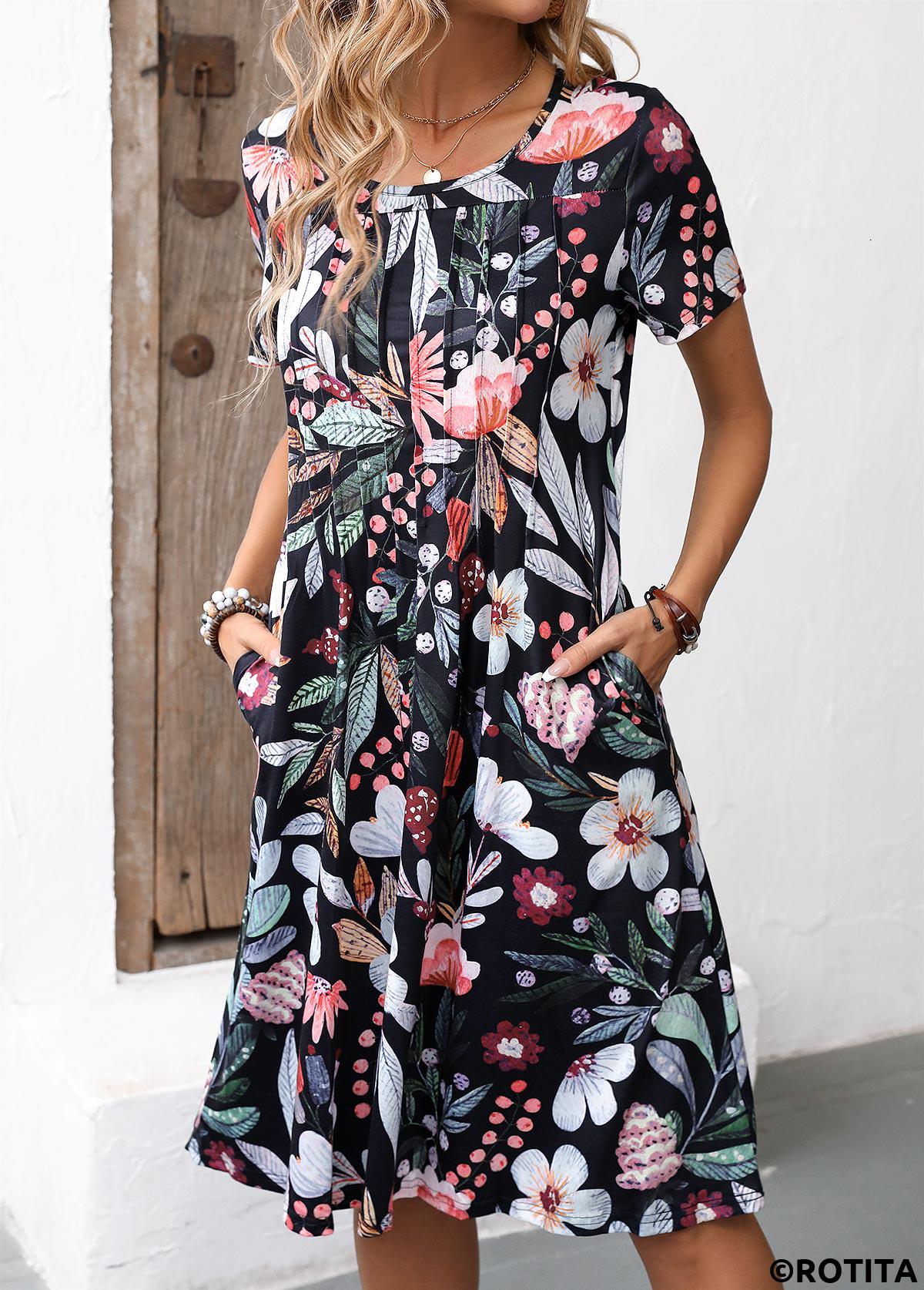 ROTITA Pocket Floral Print Black Round Neck Short Sleeve Dress