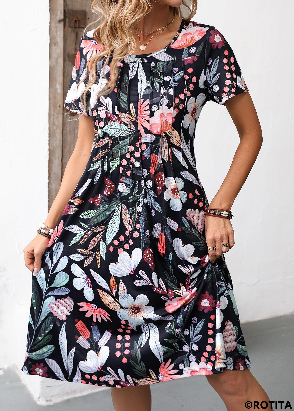 ROTITA Pocket Floral Print Black Round Neck Short Sleeve Dress