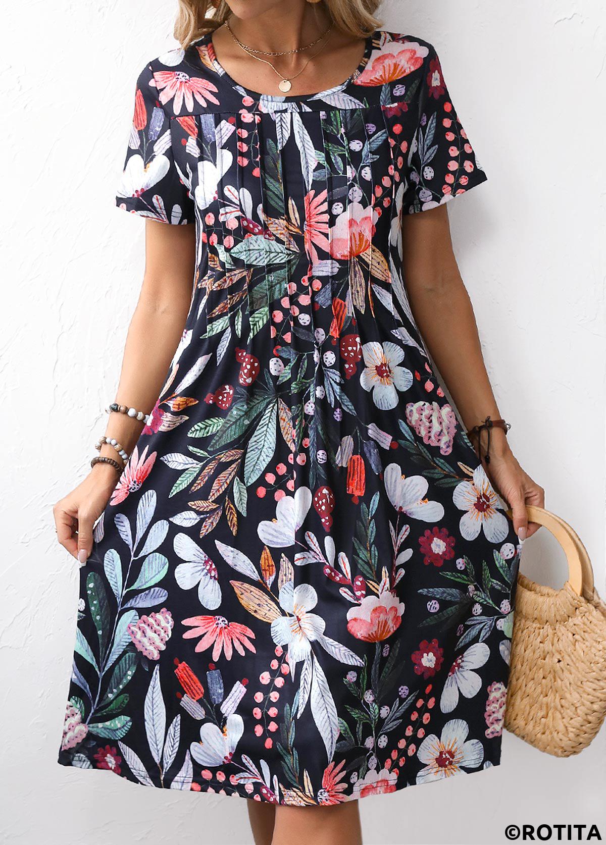 ROTITA Pocket Floral Print Black Round Neck Short Sleeve Dress
