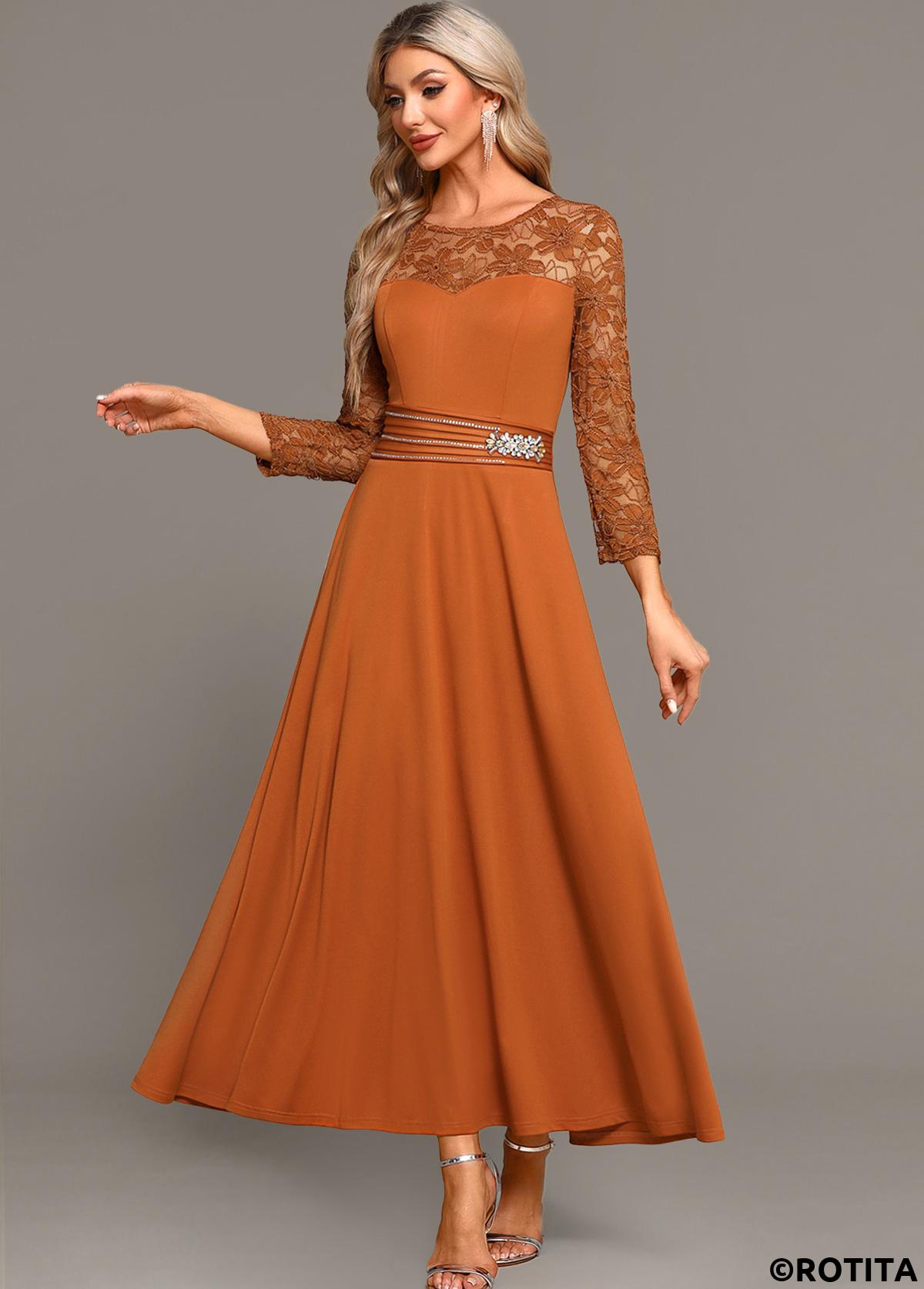 Terracotta dresses,Plain Color dresses,Party dresses,Elegant dresses,ROTITA Lace Terracotta Round Neck Long Sleeve Maxi Dress