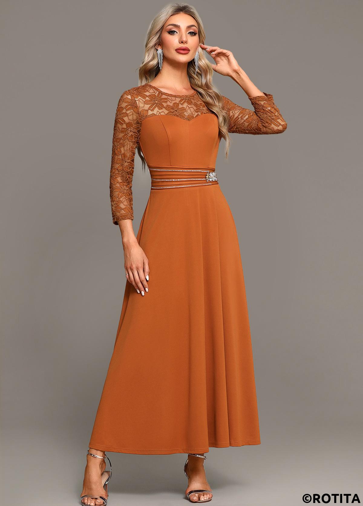 Terracotta dresses,Plain Color dresses,Party dresses,Elegant dresses,ROTITA Lace Terracotta Round Neck Long Sleeve Maxi Dress