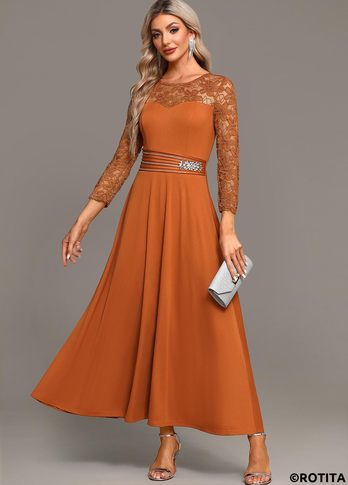 Terracotta dresses,Plain Color dresses,Party dresses,Elegant dresses,ROTITA Lace Terracotta Round Neck Long Sleeve Maxi Dress