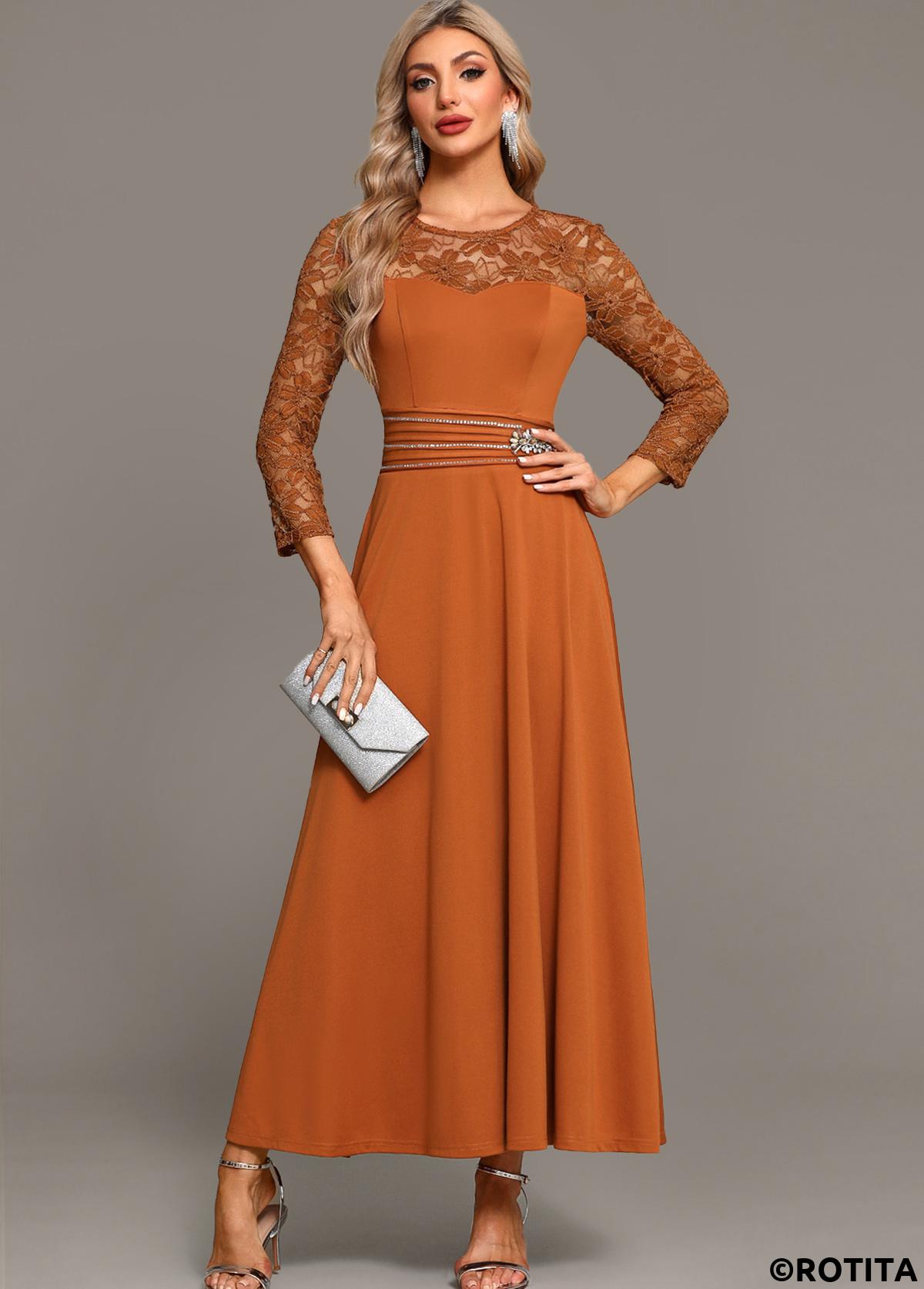 Terracotta dresses,Plain Color dresses,Party dresses,Elegant dresses,ROTITA Lace Terracotta Round Neck Long Sleeve Maxi Dress