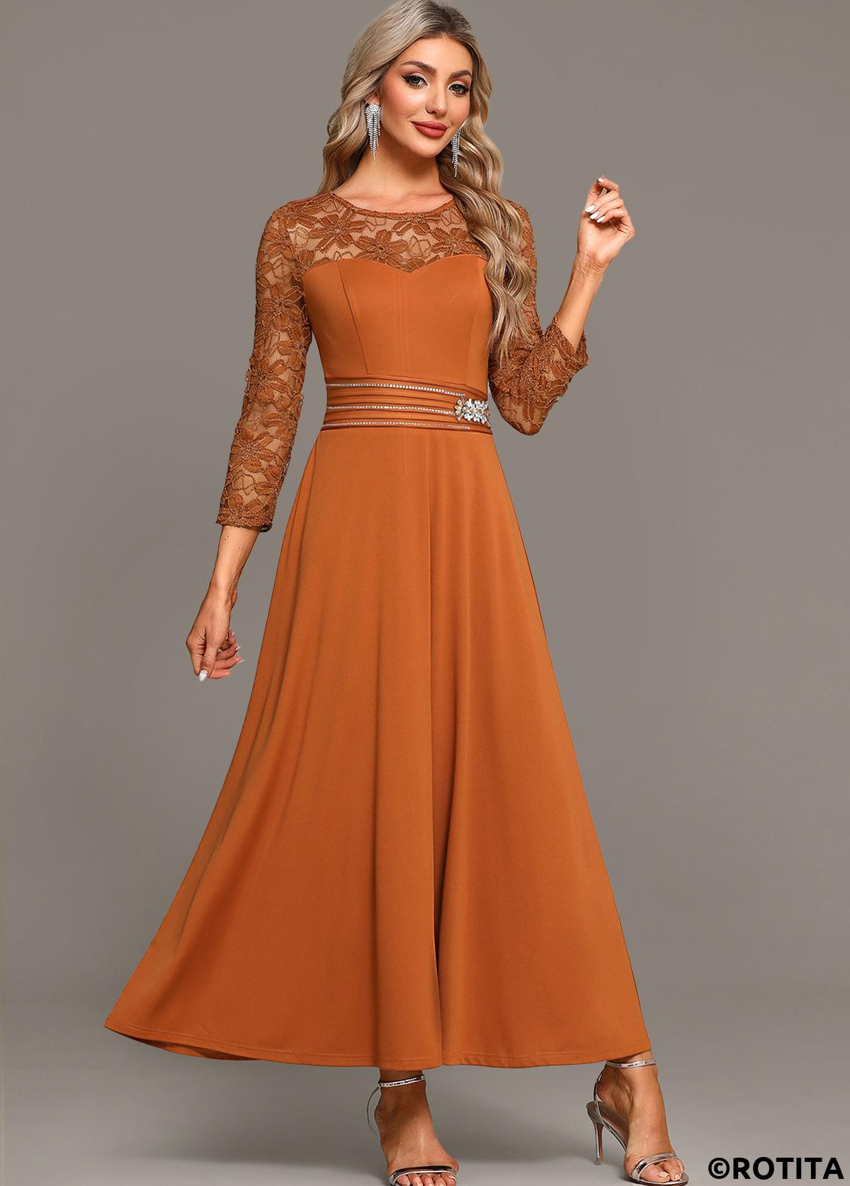 Terracotta dresses,Plain Color dresses,Party dresses,Elegant dresses,ROTITA Lace Terracotta Round Neck Long Sleeve Maxi Dress