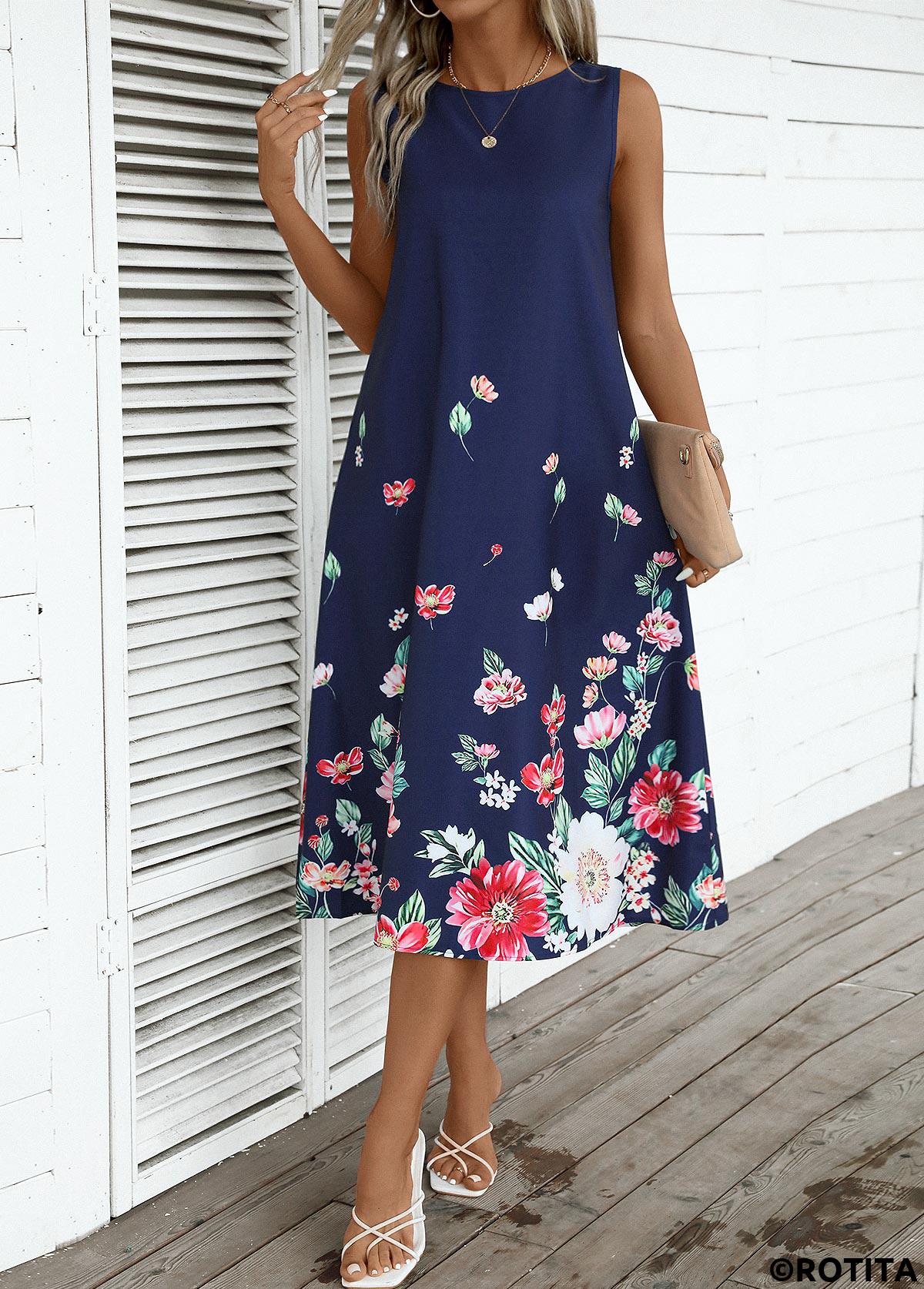 Navy dresses,Floral dresses,Plants dresses,Party dresses,Elegant dresses,ROTITA Breathable Floral Print Navy A Line Round Neck Dress