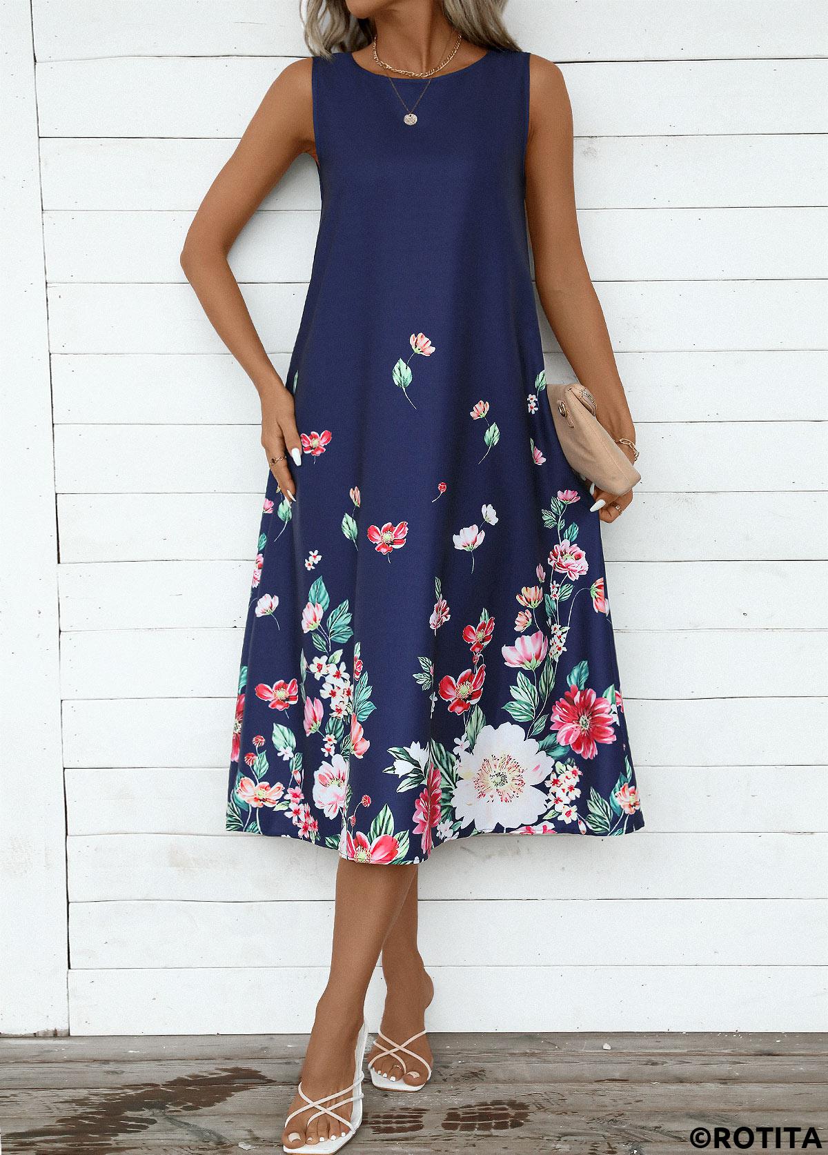 Navy dresses,Floral dresses,Plants dresses,Party dresses,Elegant dresses,ROTITA Breathable Floral Print Navy A Line Round Neck Dress