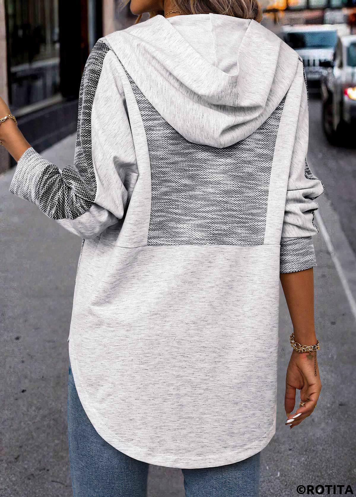 Light Grey plus size,Contrast Color plus size,ROTITA Plus Size Patchwork Light Grey Long Sleeve Hoodie