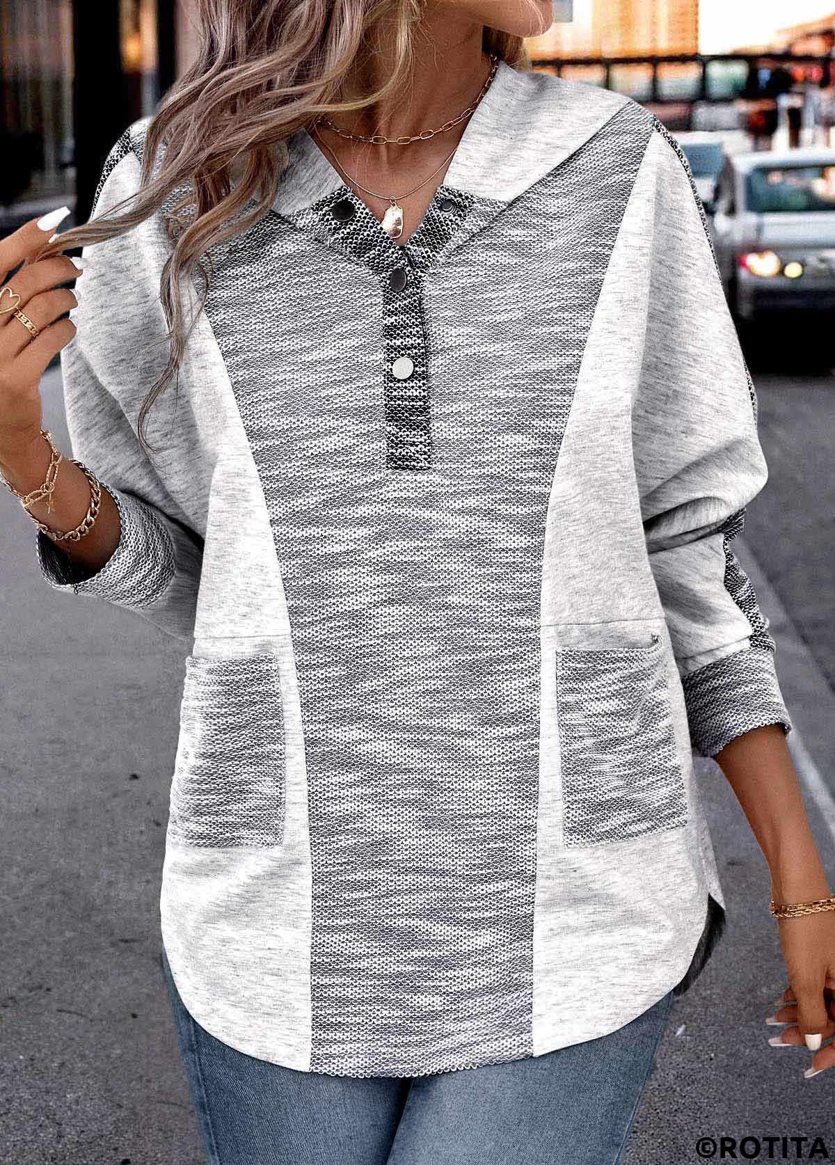 Light Grey plus size,Contrast Color plus size,ROTITA Plus Size Patchwork Light Grey Long Sleeve Hoodie
