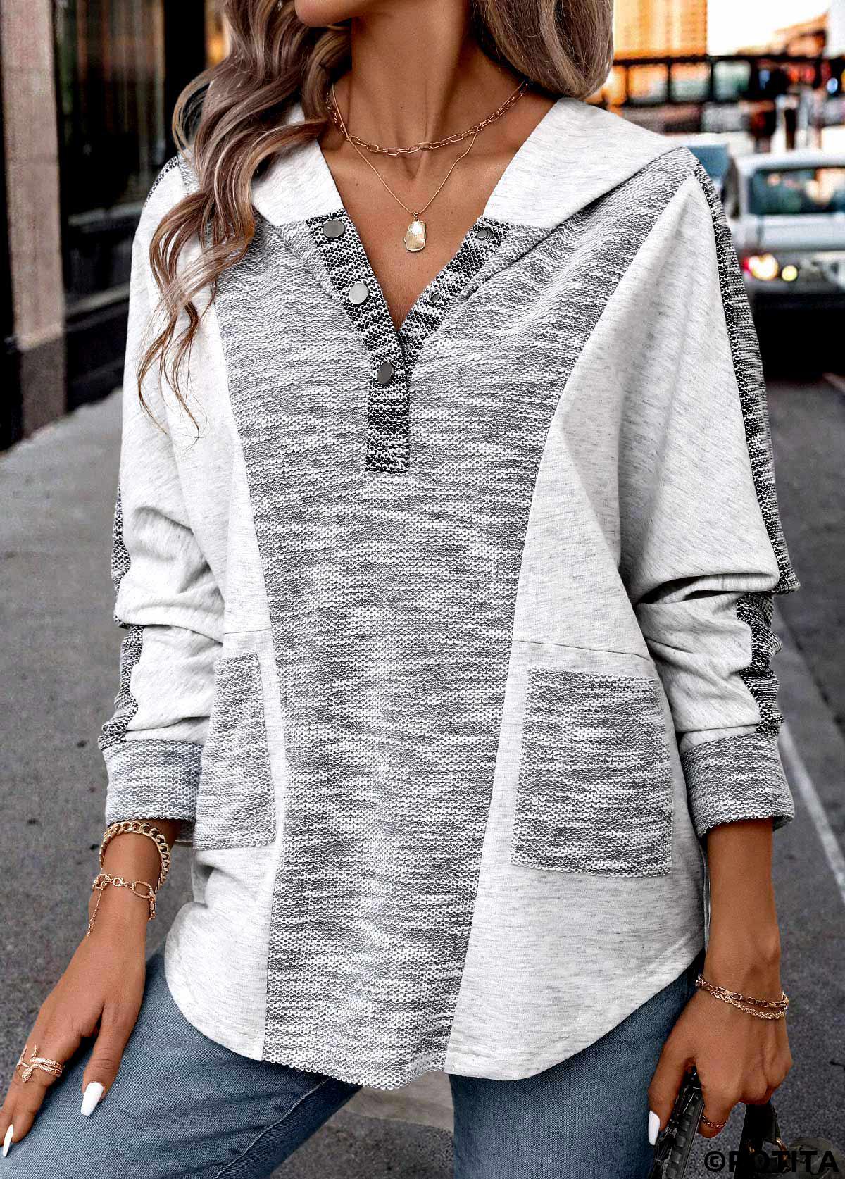 Light Grey plus size,Contrast Color plus size,ROTITA Plus Size Patchwork Light Grey Long Sleeve Hoodie