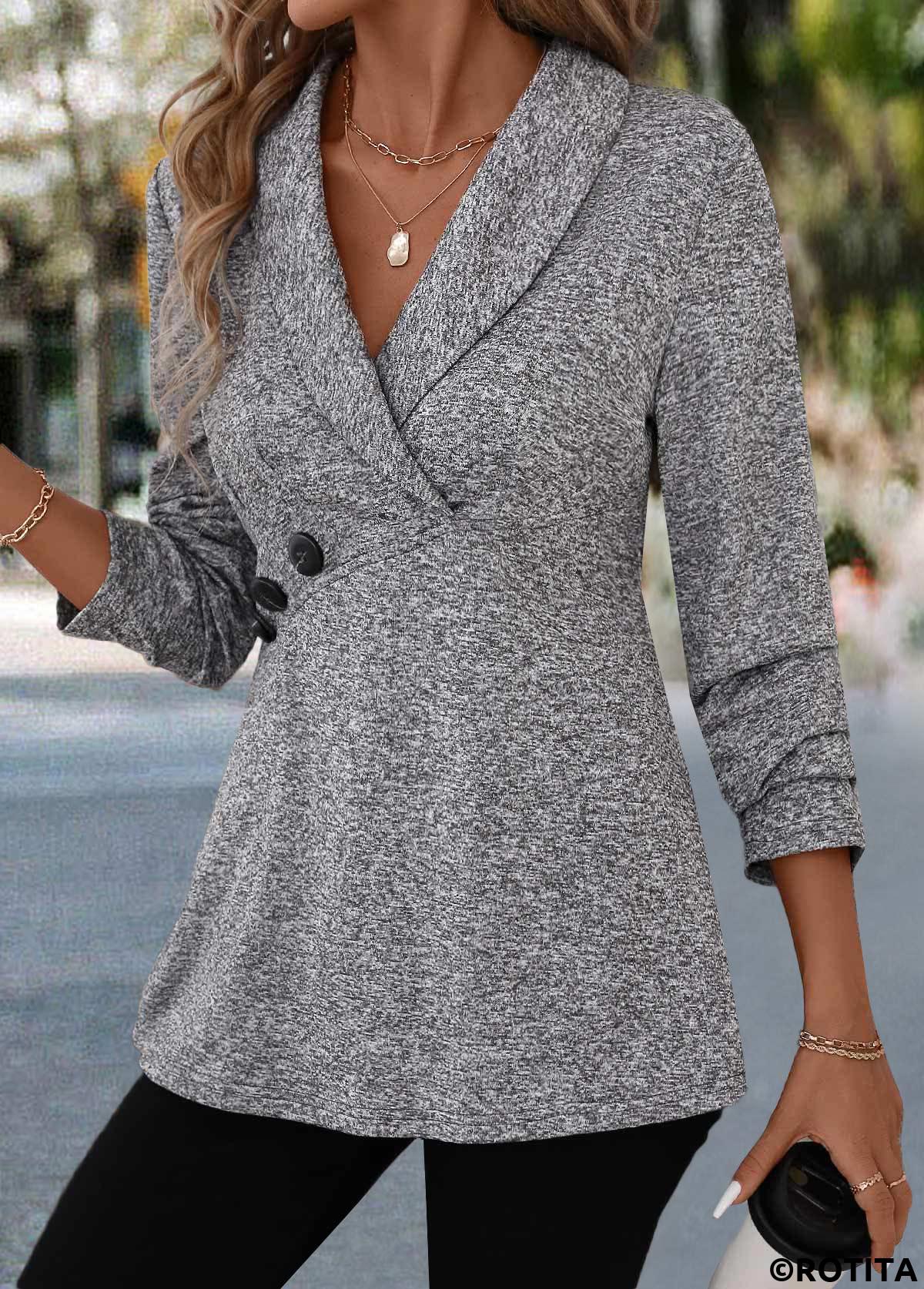 Grey tops,Plain Color tops,ROTITA Patchwork Grey Turn Down Collar Long Sleeve Blouse