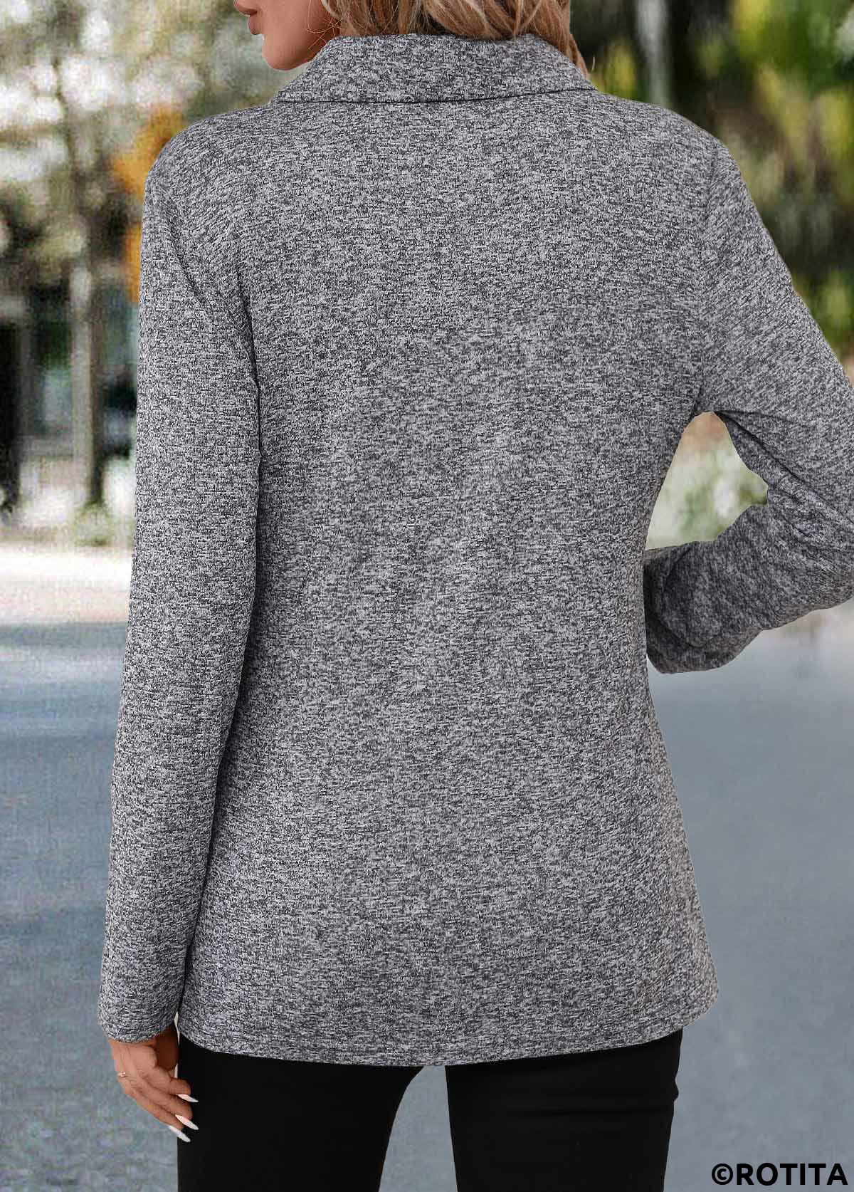 Grey tops,Plain Color tops,ROTITA Patchwork Grey Turn Down Collar Long Sleeve Blouse