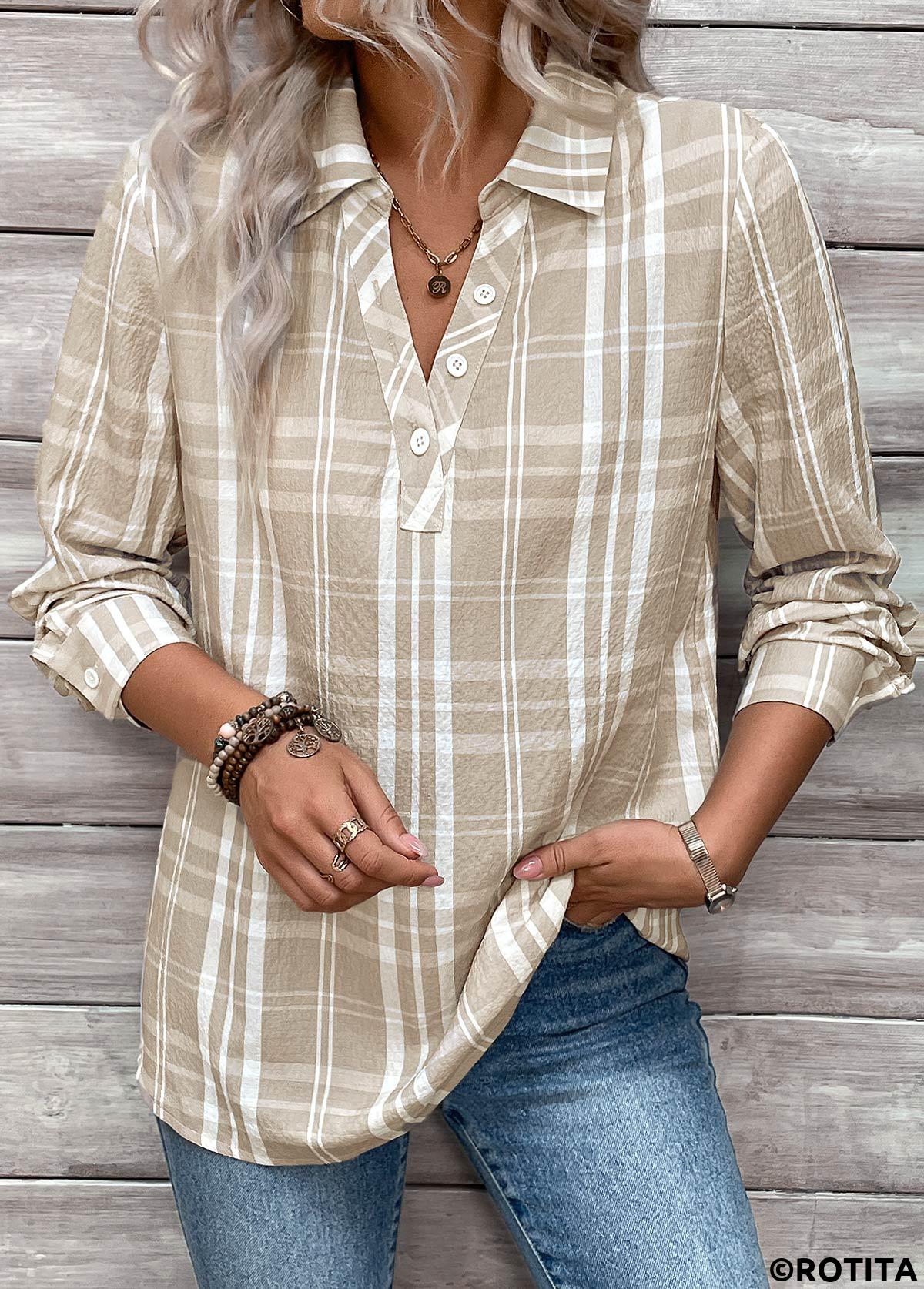 Light Coffee tops,Plaid tops,Striped tops,Geometric tops,ROTITA Button Plaid Light Coffee Shirt Collar Long Sleeve Blouse
