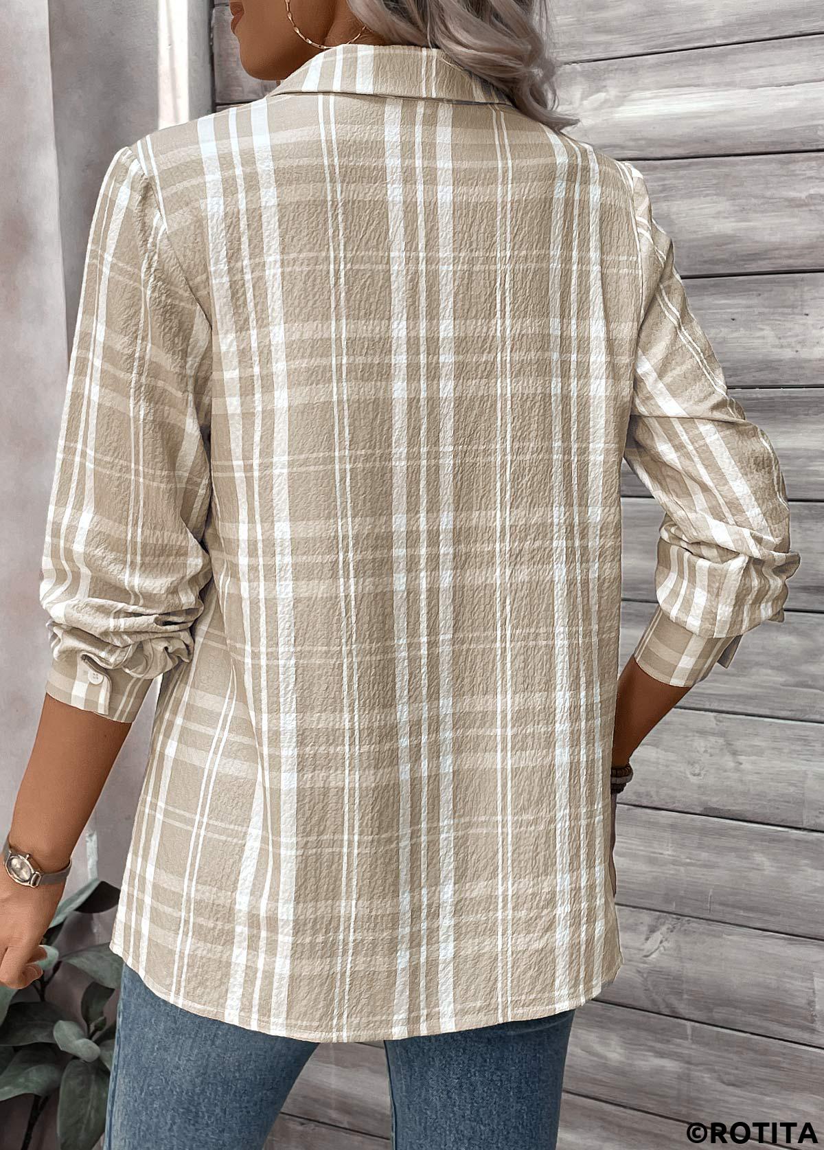 Light Coffee tops,Plaid tops,Striped tops,Geometric tops,ROTITA Button Plaid Light Coffee Shirt Collar Long Sleeve Blouse