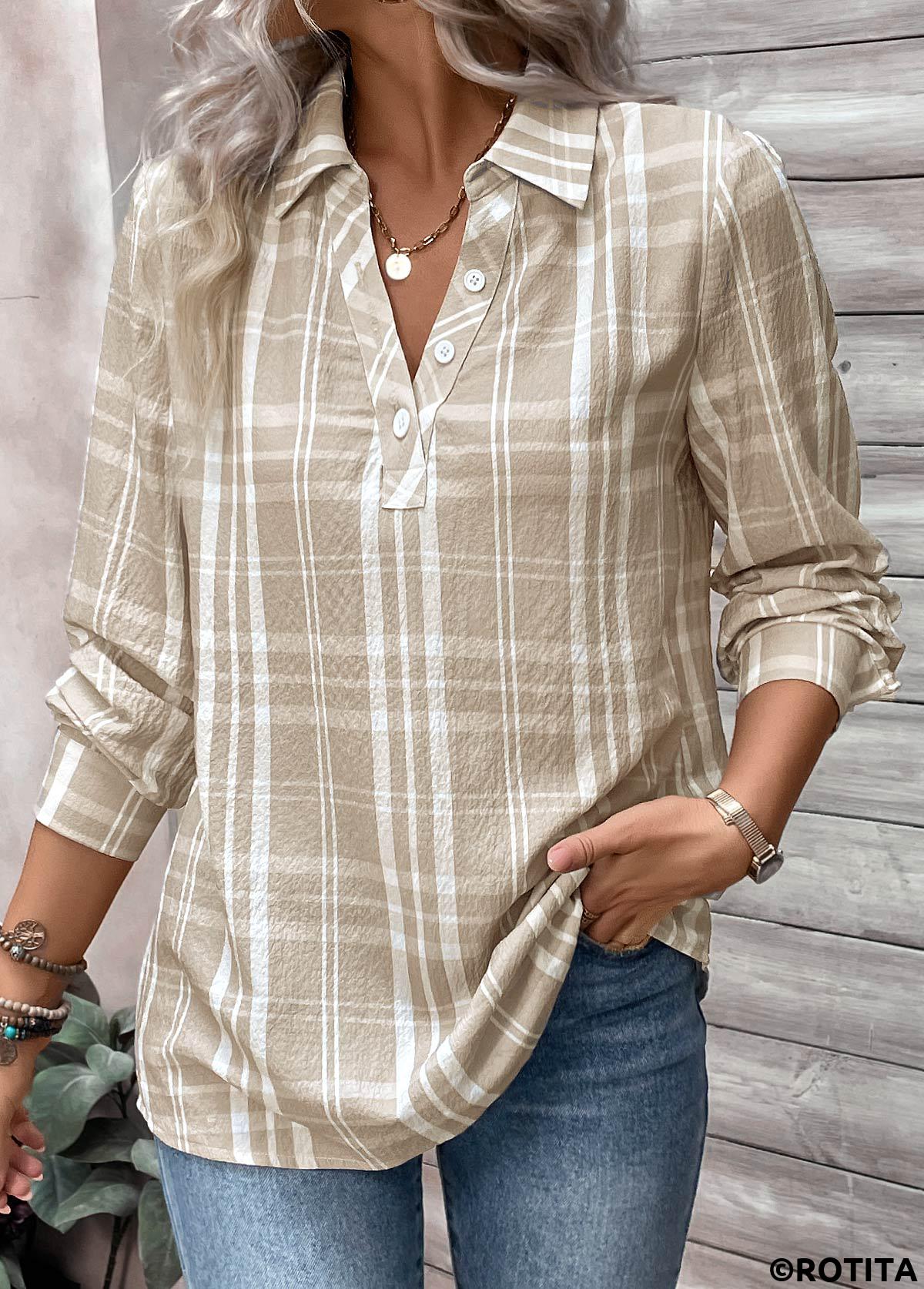 Light Coffee tops,Plaid tops,Striped tops,Geometric tops,ROTITA Button Plaid Light Coffee Shirt Collar Long Sleeve Blouse