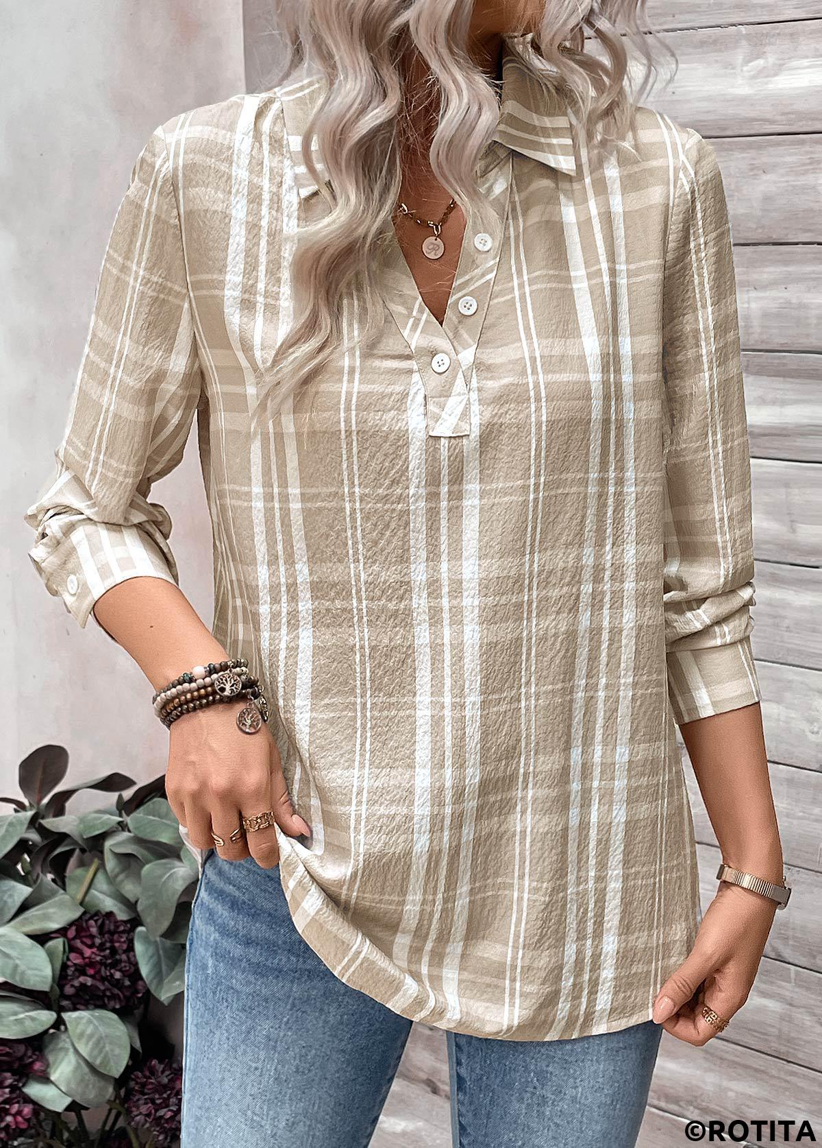 Light Coffee tops,Plaid tops,Striped tops,Geometric tops,ROTITA Button Plaid Light Coffee Shirt Collar Long Sleeve Blouse