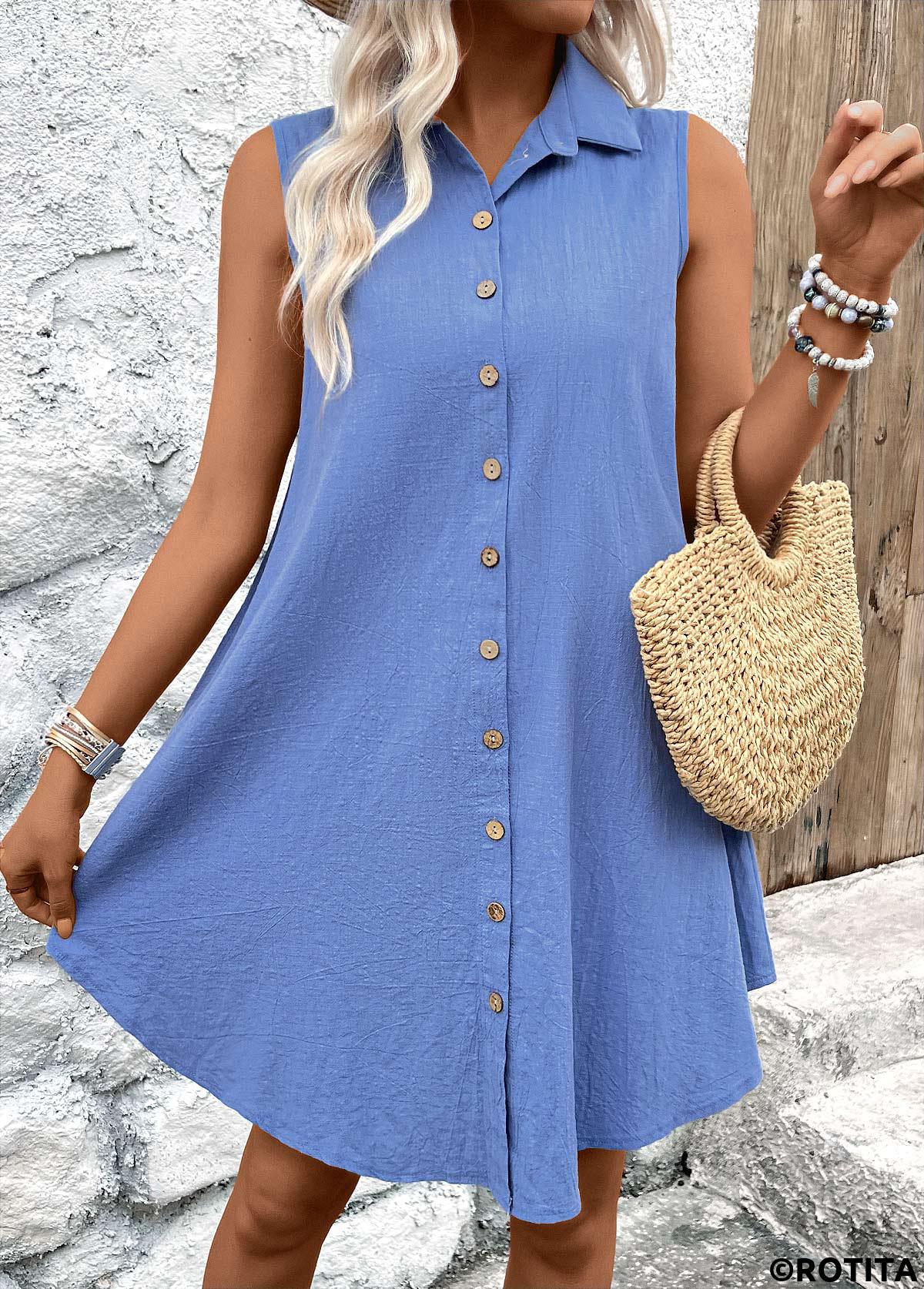 Denim Blue dresses,Plain Color dresses,Everyday dresses,Casual dresses,ROTITA Button Denim Blue A Line Shirt Collar Sleeveless Dress