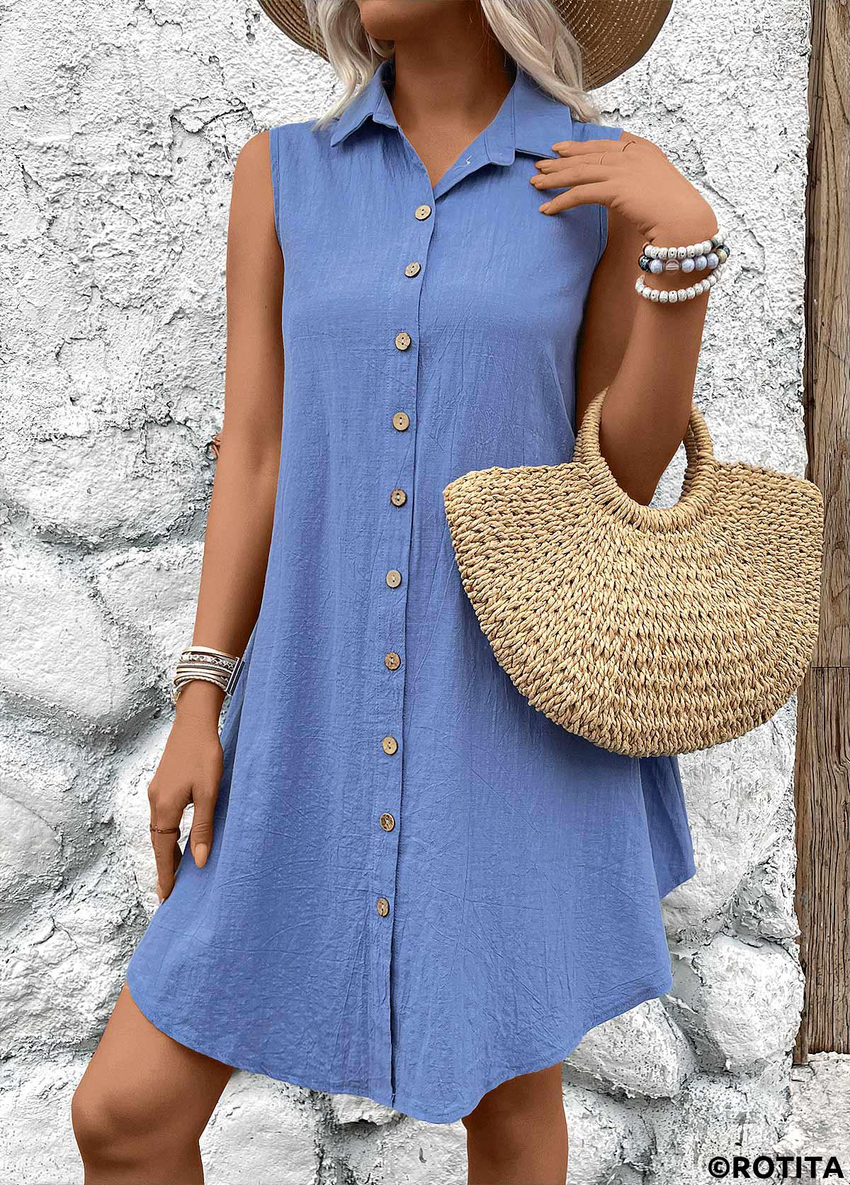 Denim Blue dresses,Plain Color dresses,Everyday dresses,Casual dresses,ROTITA Button Denim Blue A Line Shirt Collar Sleeveless Dress