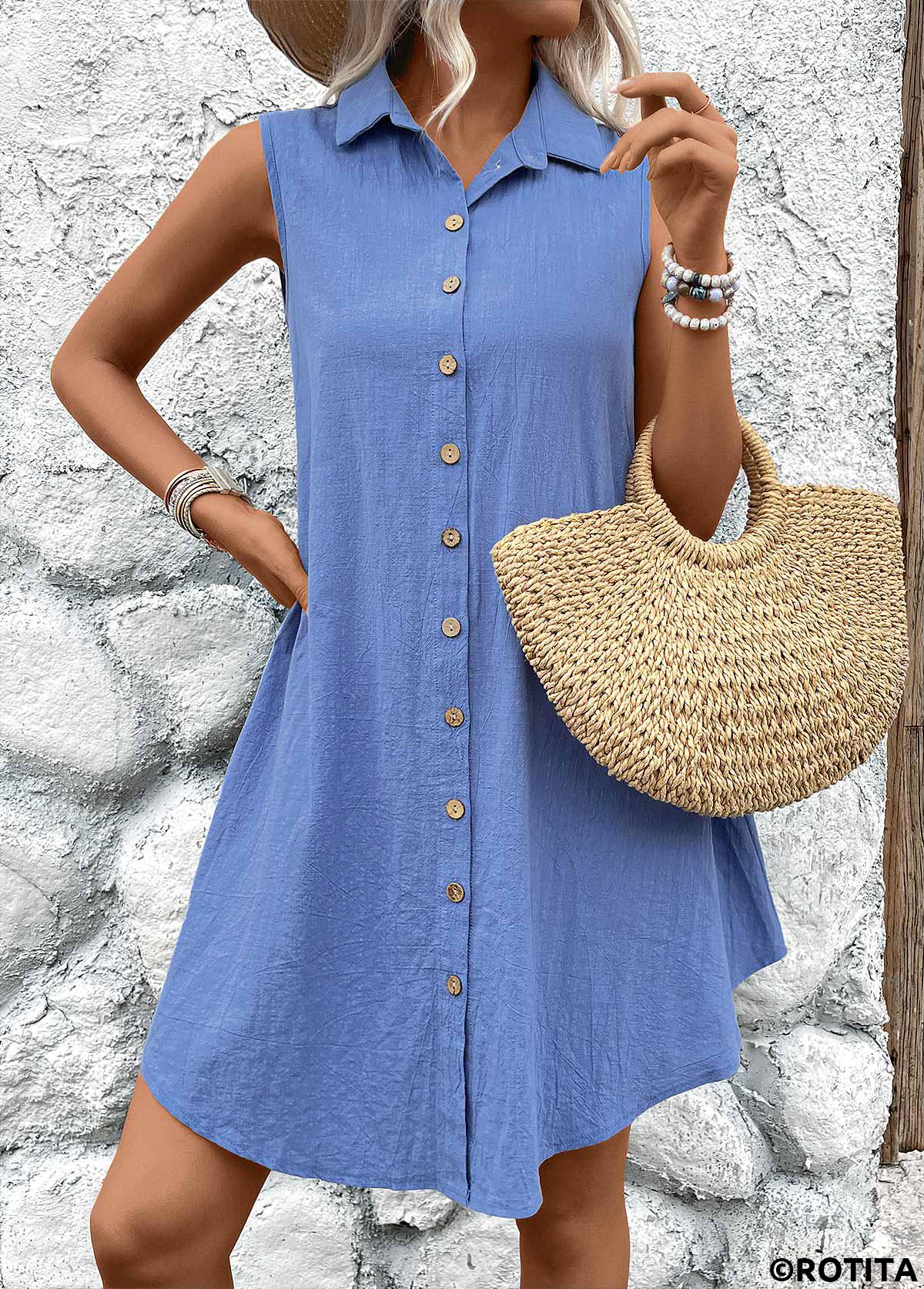 Denim Blue dresses,Plain Color dresses,Everyday dresses,Casual dresses,ROTITA Button Denim Blue A Line Shirt Collar Sleeveless Dress