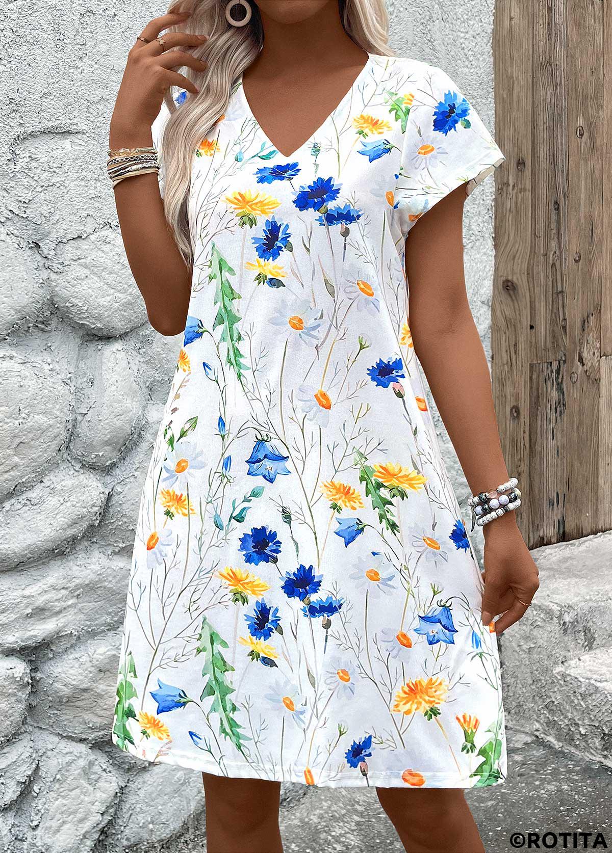 White dresses,Floral dresses,Plants dresses,Vacation dresses,Vacation dresses,ROTITA Lightweight Floral Print White A Line V Neck Dress