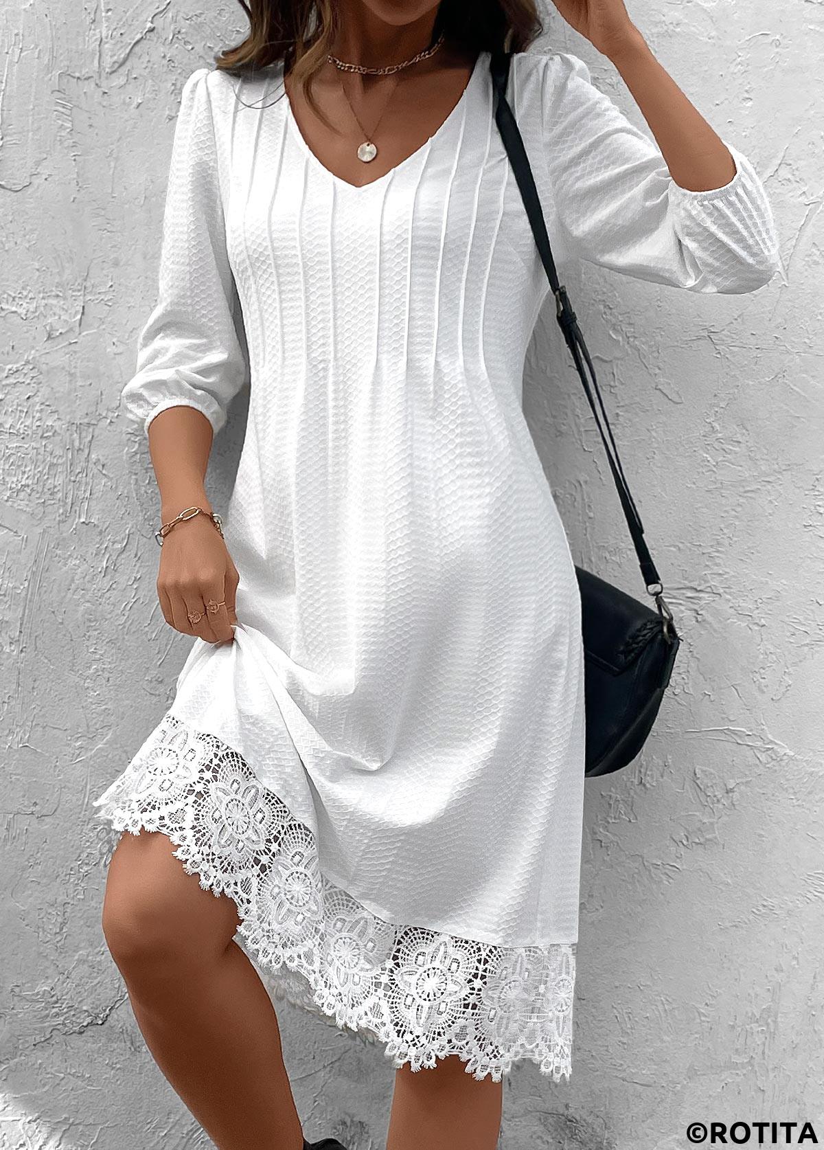 White dresses,Plain Color dresses,Everyday dresses,Casual dresses,ROTITA Patchwork White A Line V Neck 3/4 Sleeve Dress