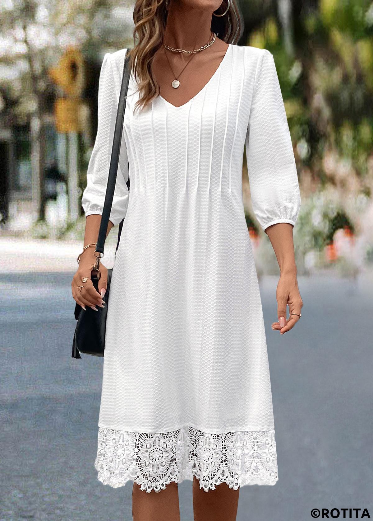White dresses,Plain Color dresses,Everyday dresses,Casual dresses,ROTITA Patchwork White A Line V Neck 3/4 Sleeve Dress